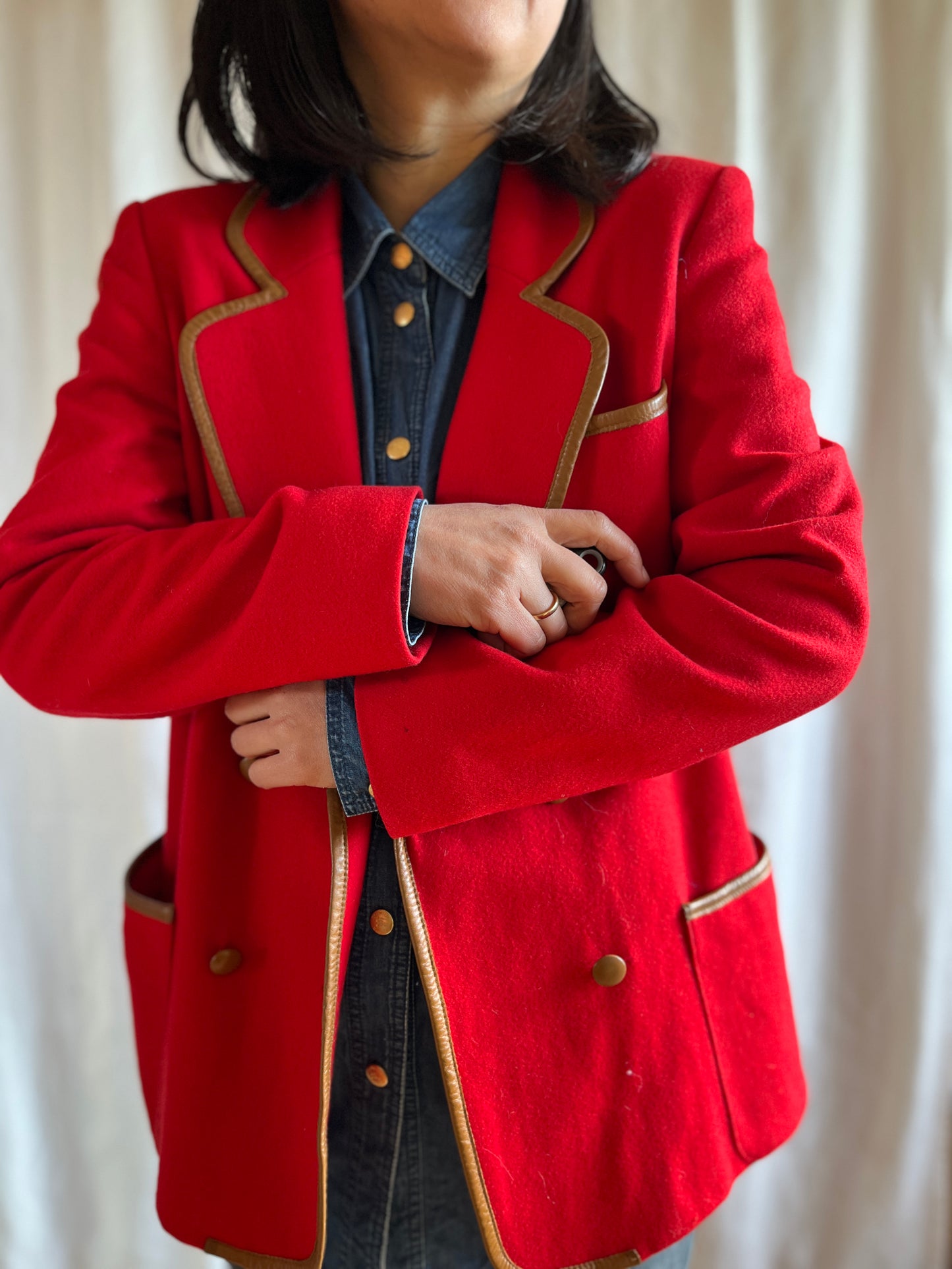 70s Cherry Red Wool Blazer with leather trims