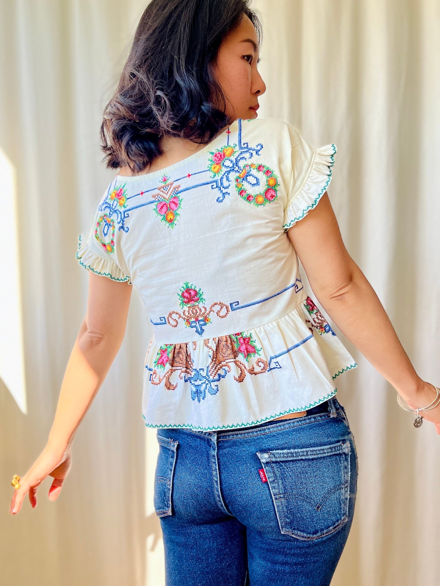 Thursday Blouse (Petite) - Repurpose from vintage hand embroidered table linen