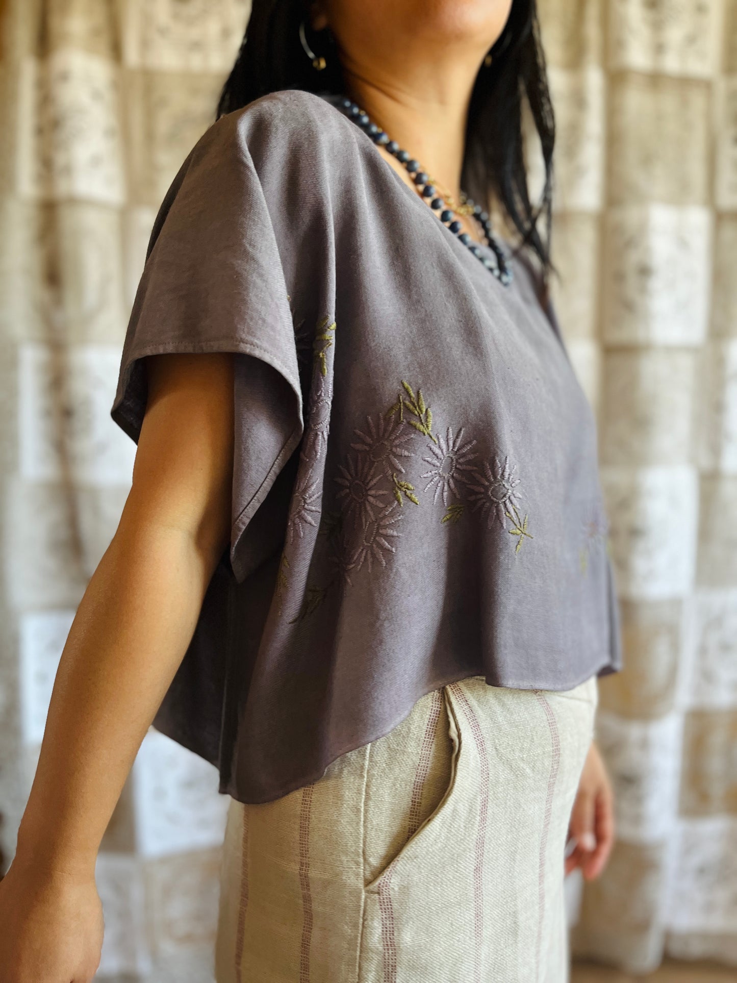 Square circle draped tee - Grey floral