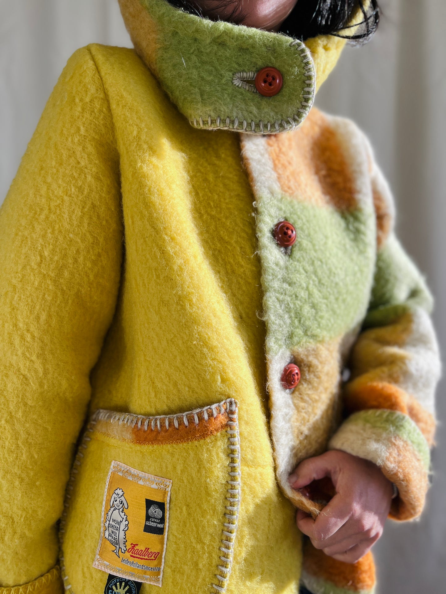 Repurpose thick wool blanket turns cosy winter coat with detachable Hoodie
