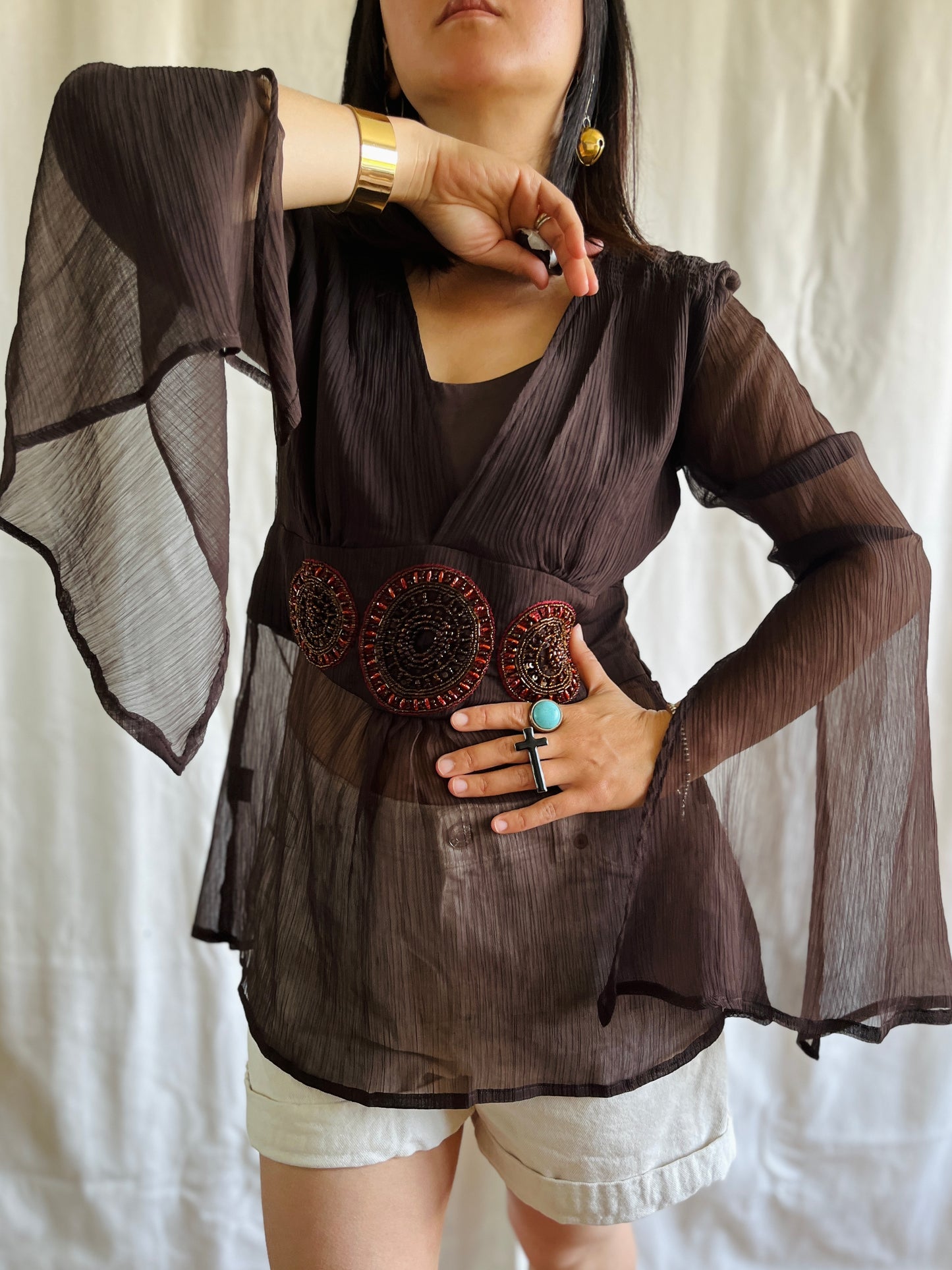 Indian Open Sleeves Beaded Tunic Deep V Goddess