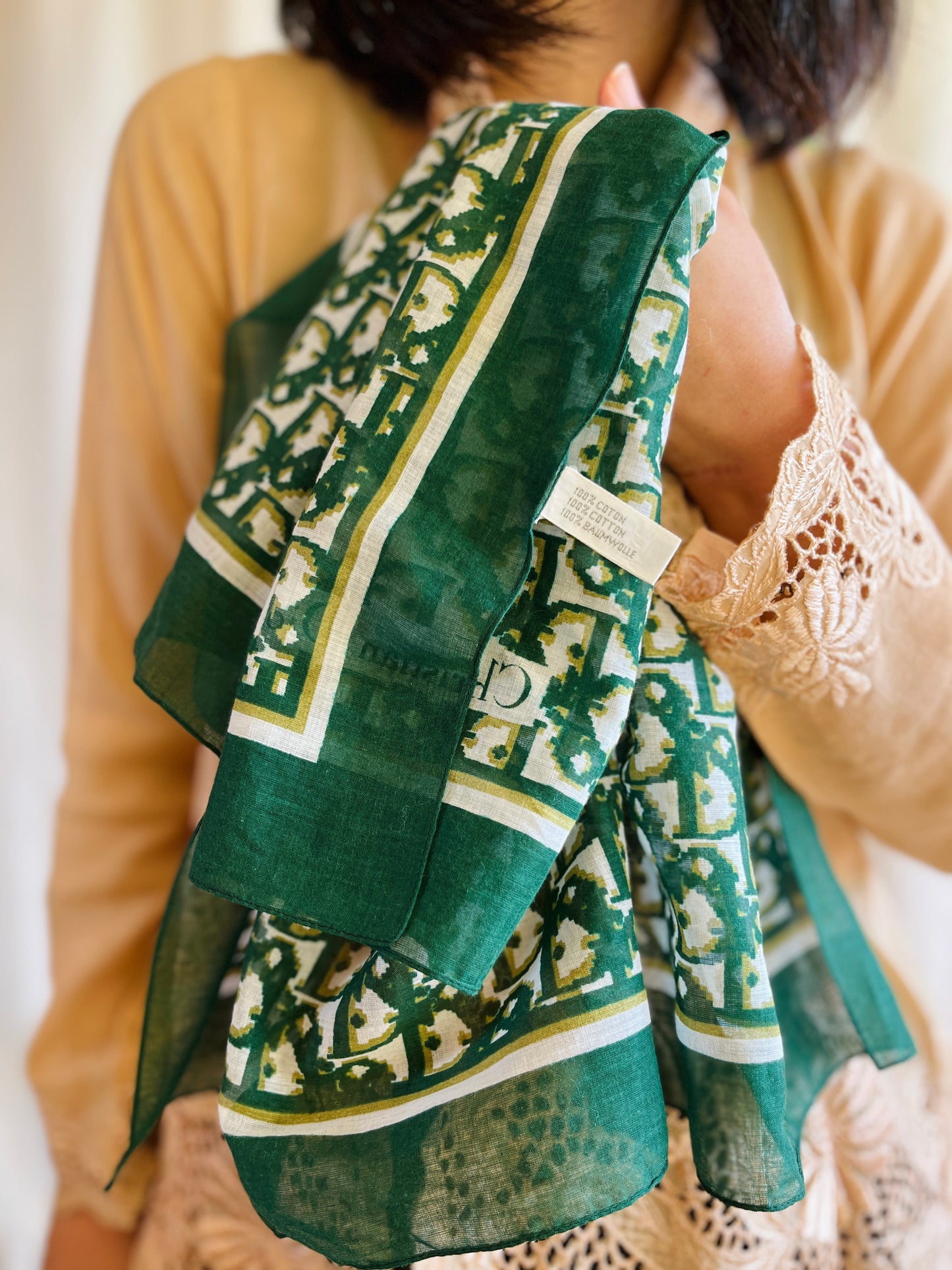 Vintage Christian Dior Monogram Green Cotton Square Scarf