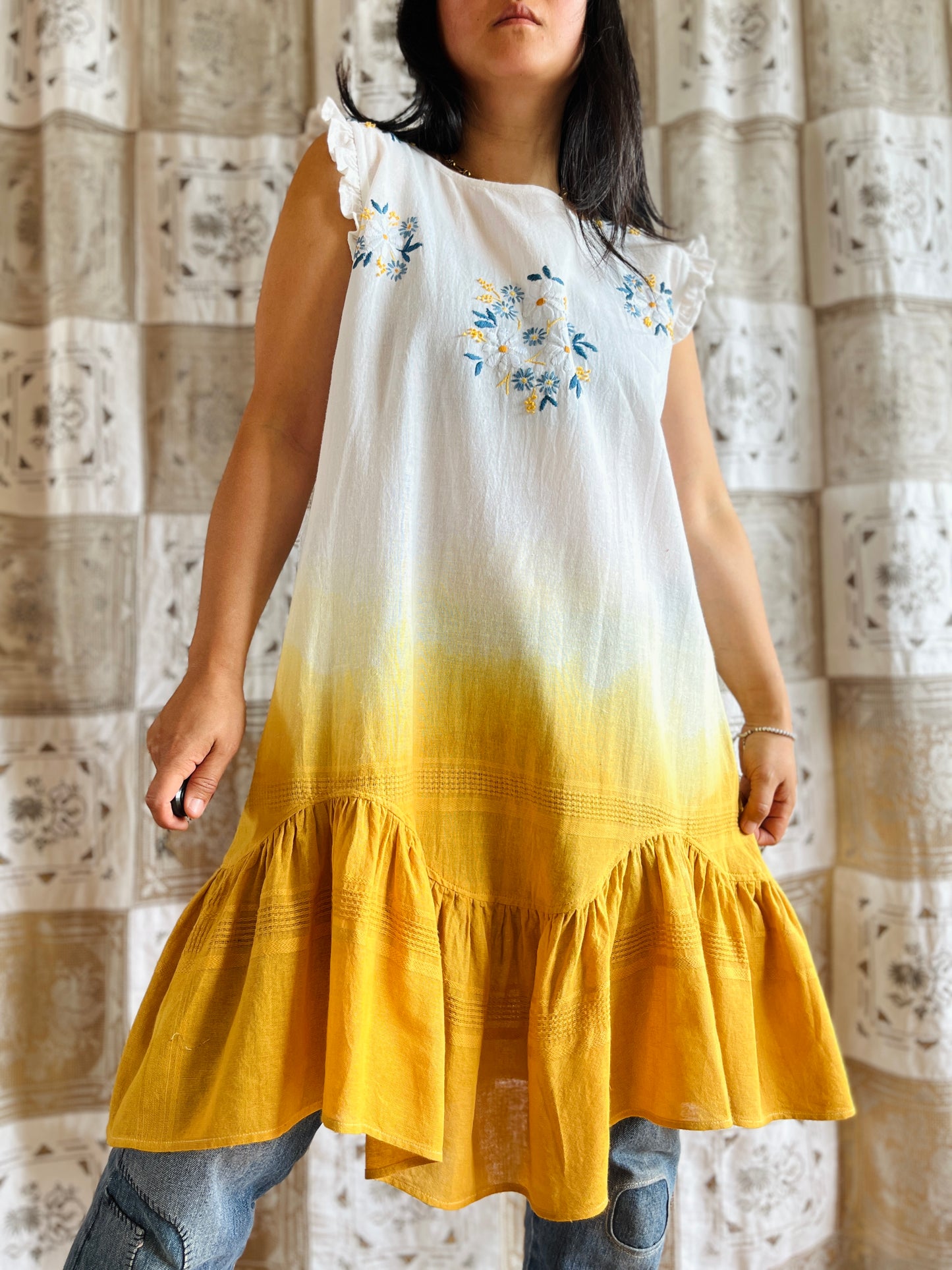 Hand dye cheesecloth scalloped gathered dress