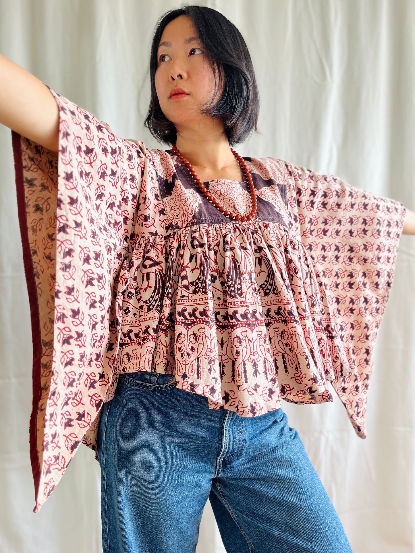 🏵️ Vintage hand block print Indian Bat sleeves tunic