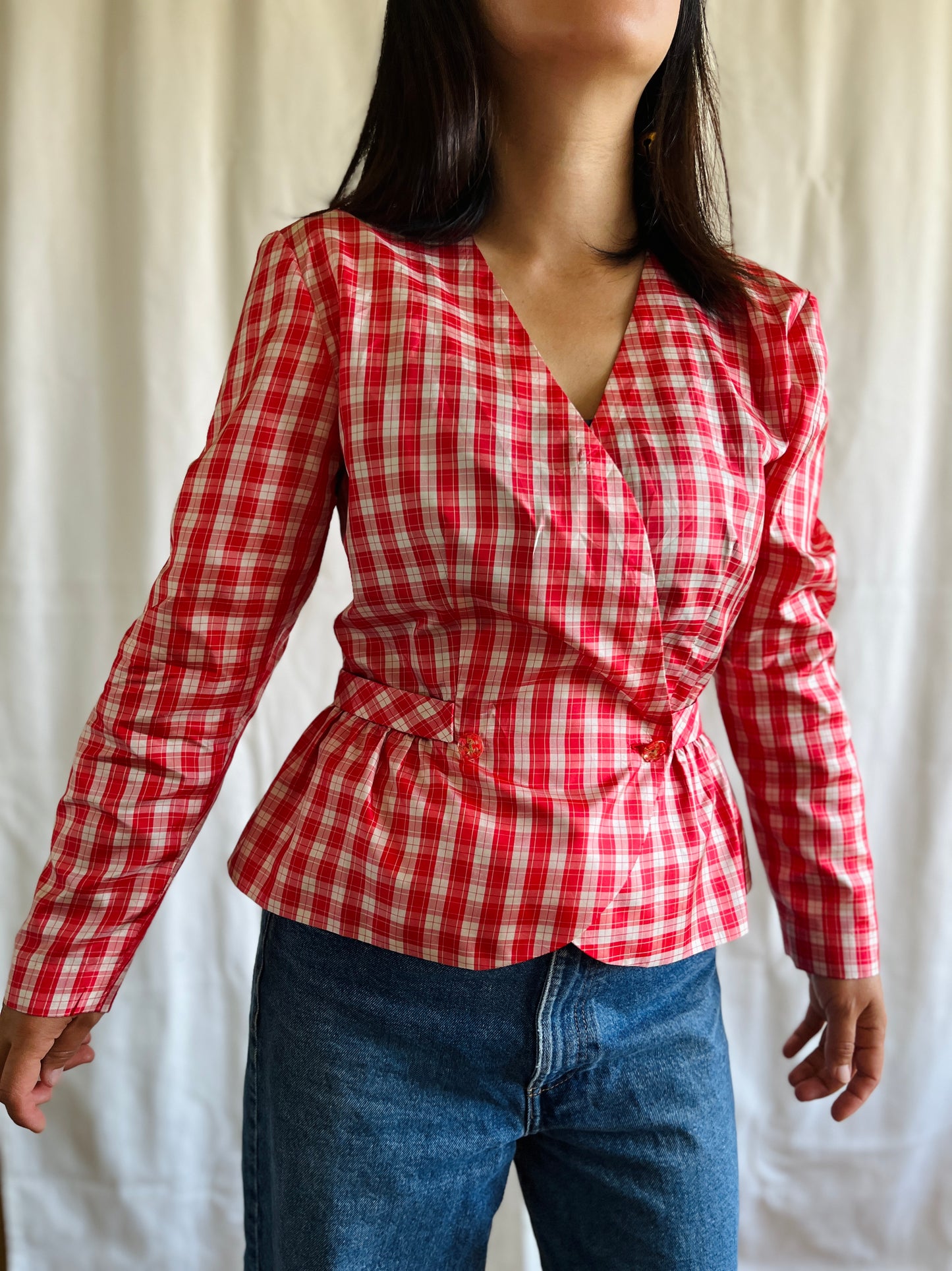 Handmade Vintage 60s Sweet Cherry Gingham Sweetheart Blouse