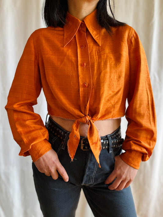 70s Pointy Collar copper metallic orange festive cropped shirt