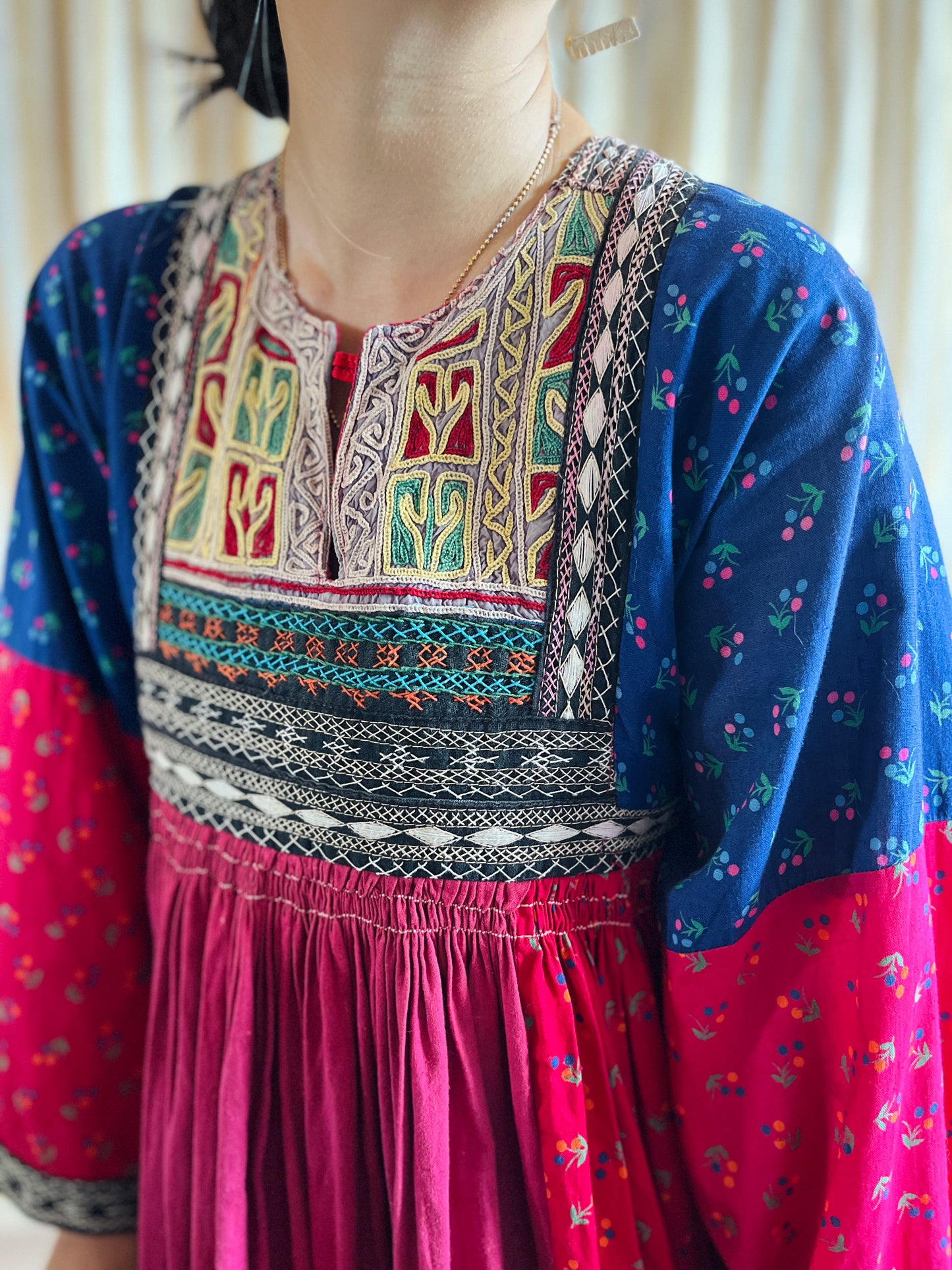 Afghan folk dress Smocking hand embroidery maxi dress