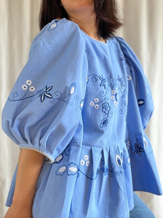 Hand Embroidered Blue Daisy Dolly tunic