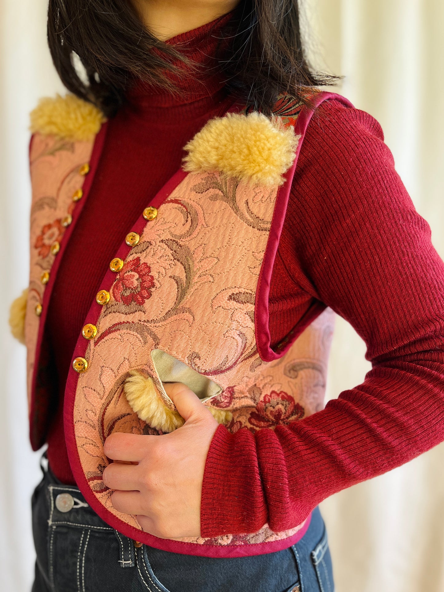 Sweater Gilet made from Vintage tapestry and shearling scraps