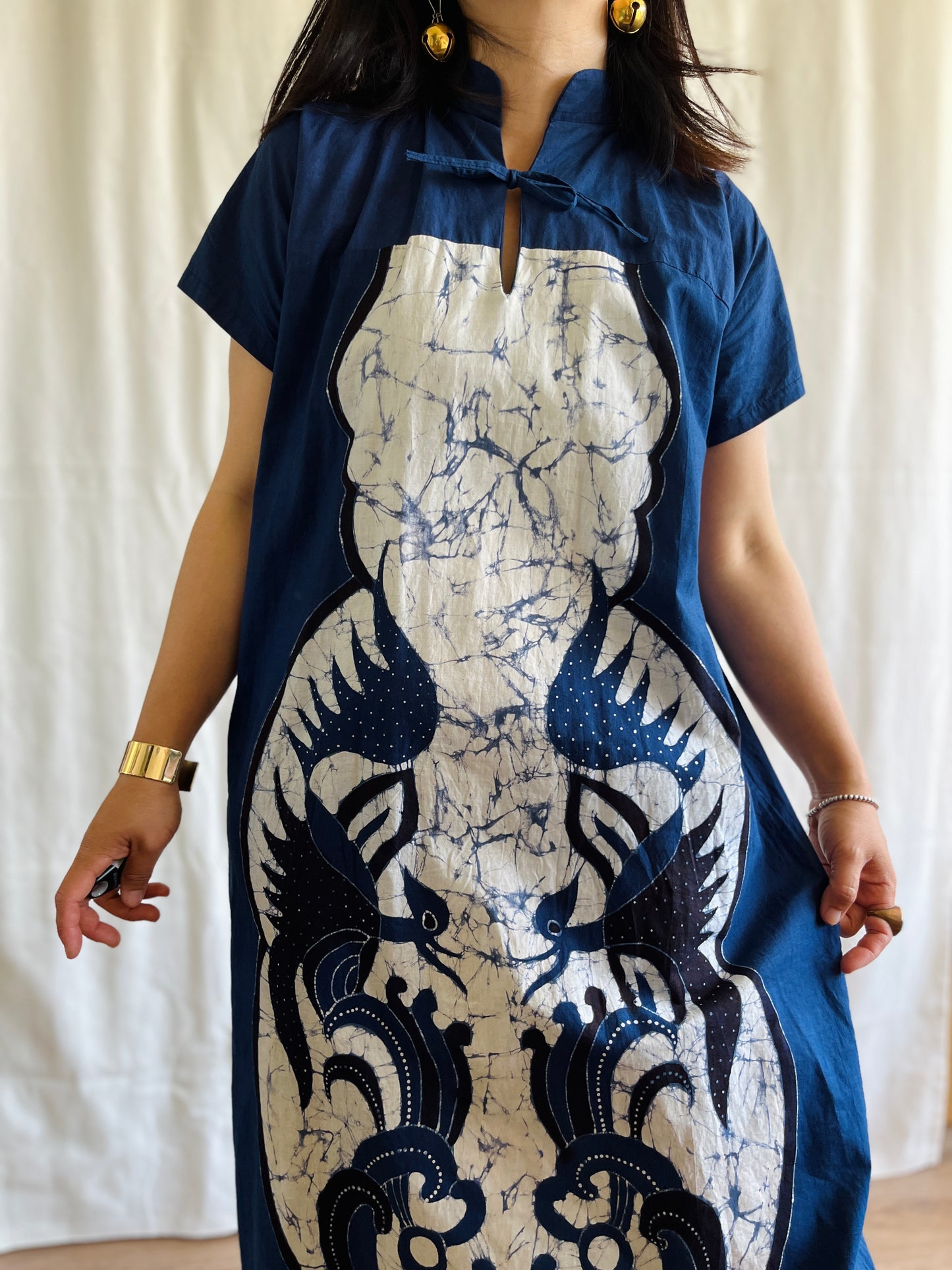 Vintage handmade Tie Dye Party Dress Maxi high neck with ribbons