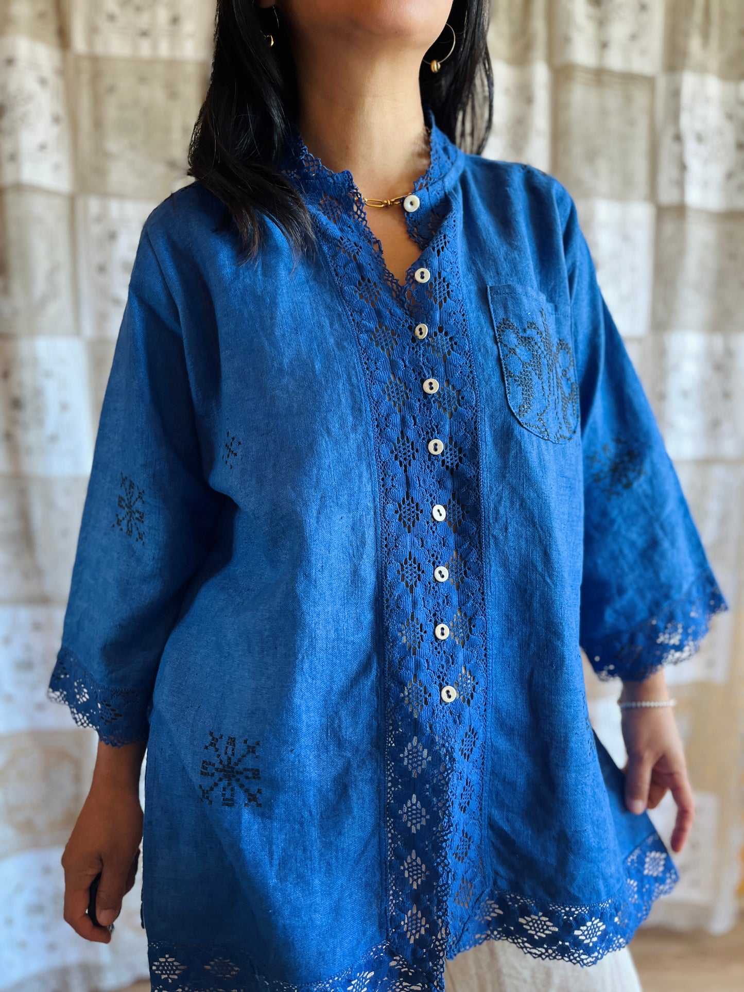 Indigo dyed loose fit linen shirt