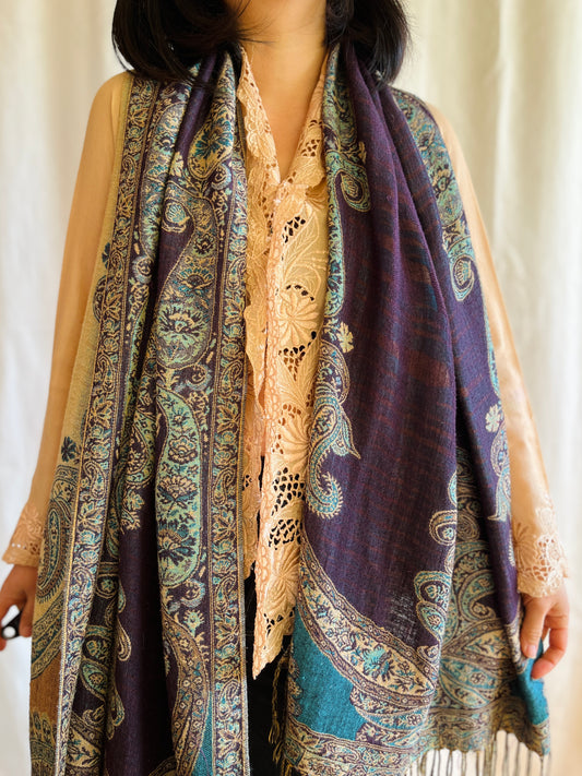 Reversible Electric Purple and Blue Indian Woven Wool Shawl