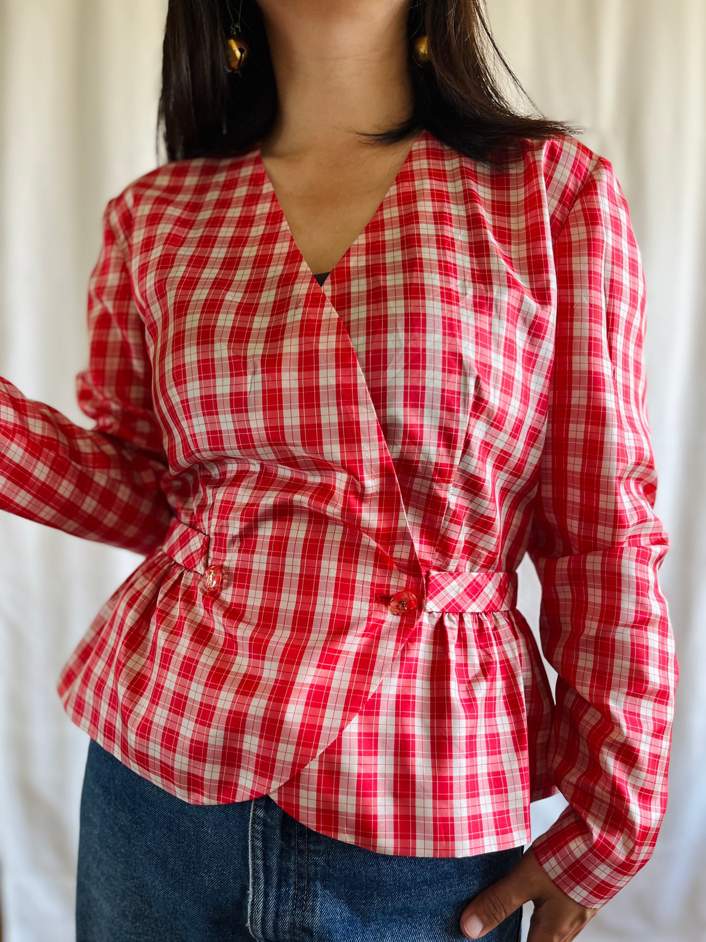 Handmade Vintage 60s Sweet Cherry Gingham Sweetheart Blouse