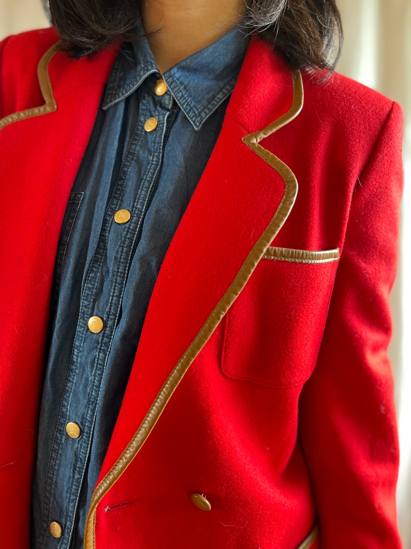 70s Cherry Red Wool Blazer with leather trims