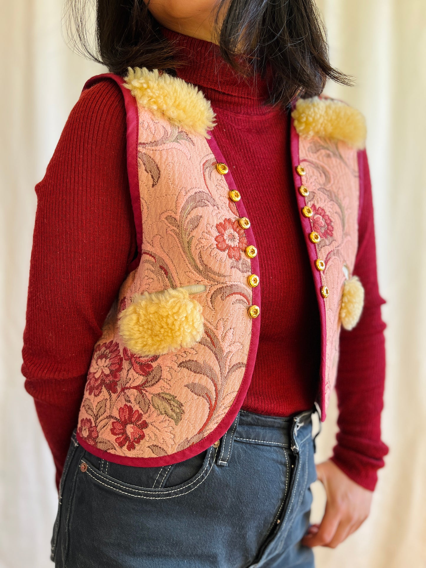 Sweater Gilet made from Vintage tapestry and shearling scraps