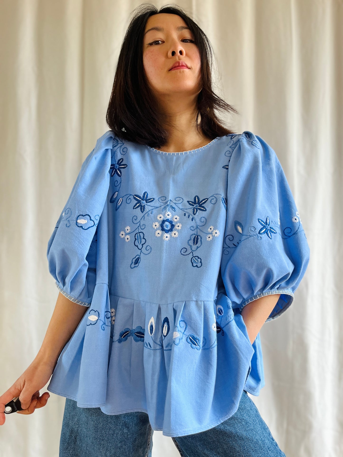 Hand Embroidered Blue Daisy Dolly tunic