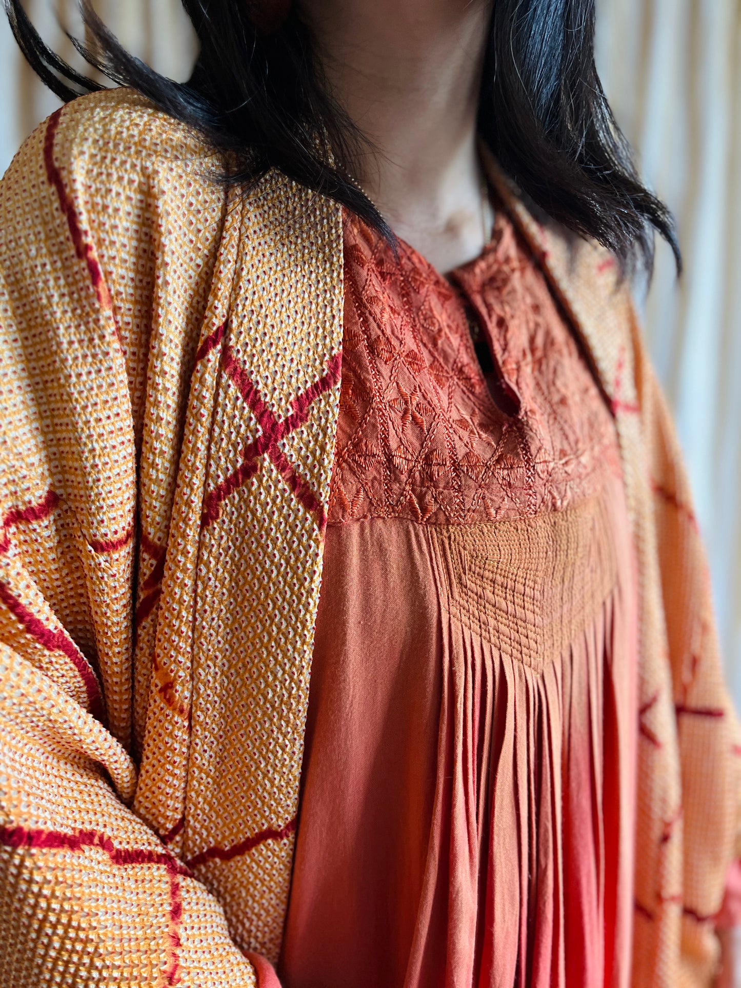 Fading Apricot orange silk embroidered pleated dress