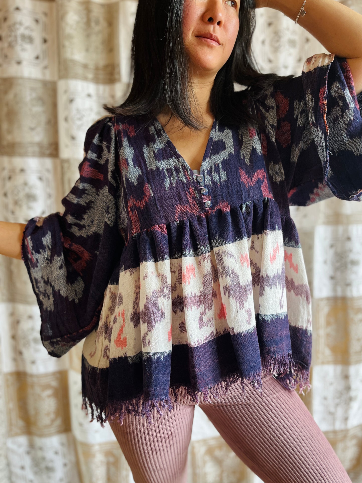 Vintage Batik Goddess Blouse with bracelet sleeves