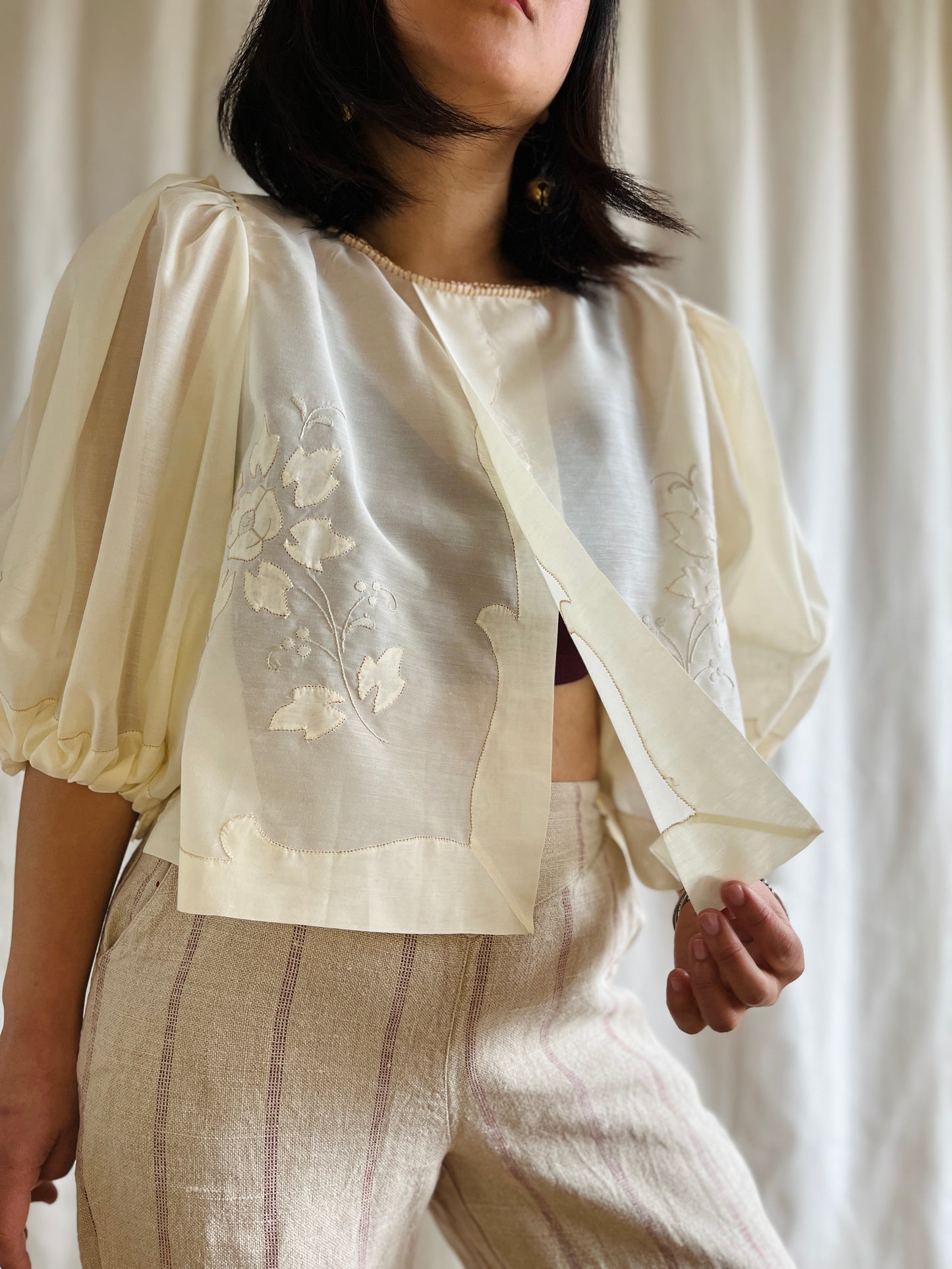 Repurpose See through Appliqué tablecloth turns Dolly Blouse