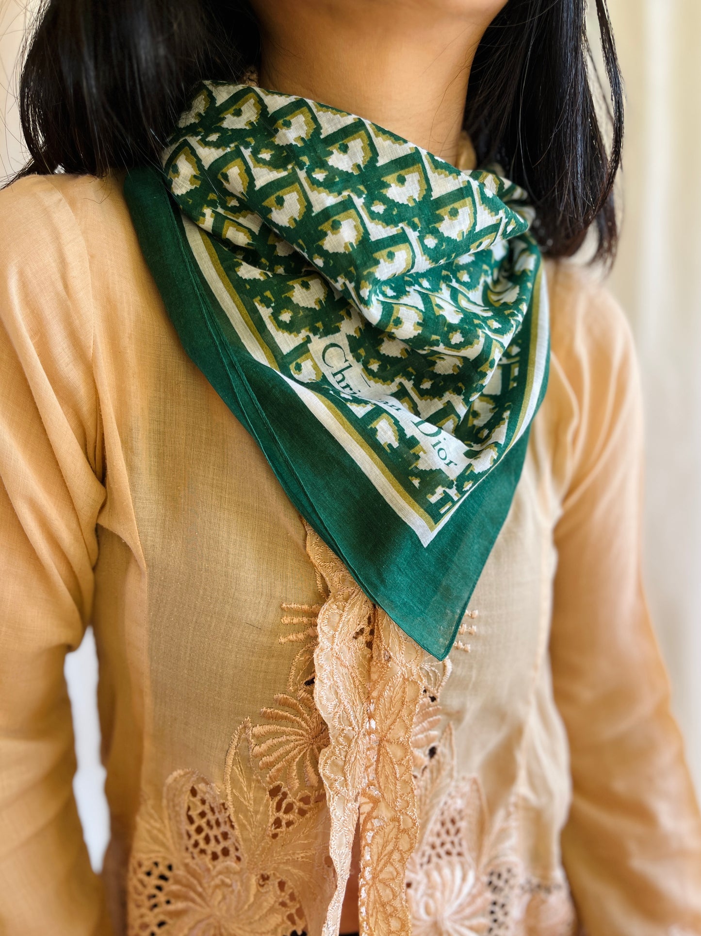 Vintage Christian Dior Monogram Green Cotton Square Scarf