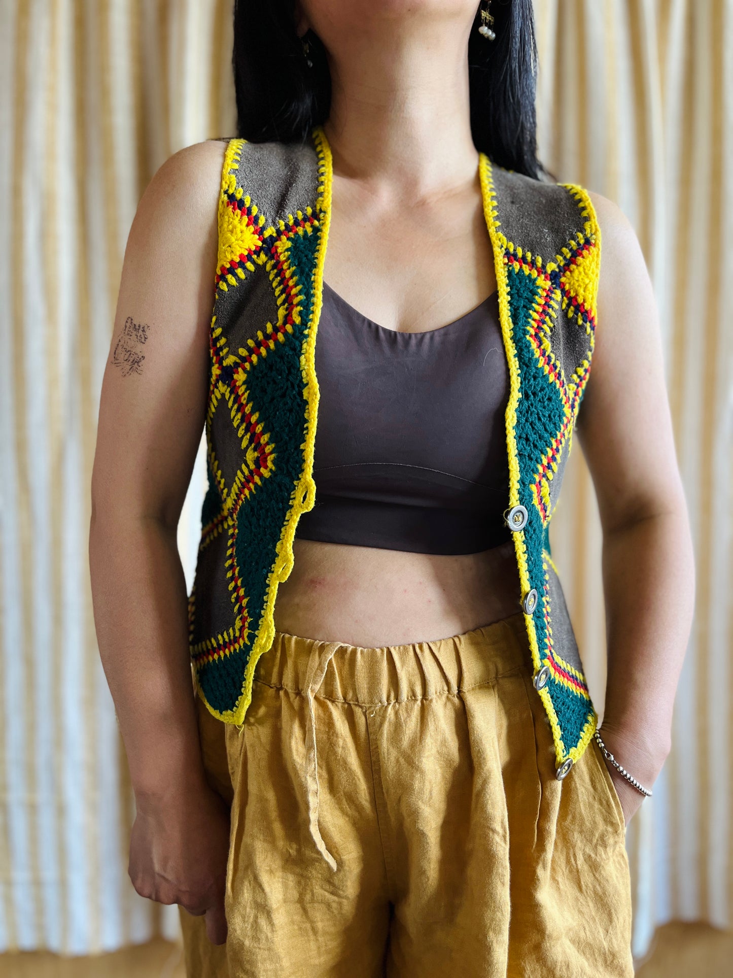 Vintage handmade Suede Crochet Patchwork Gilet