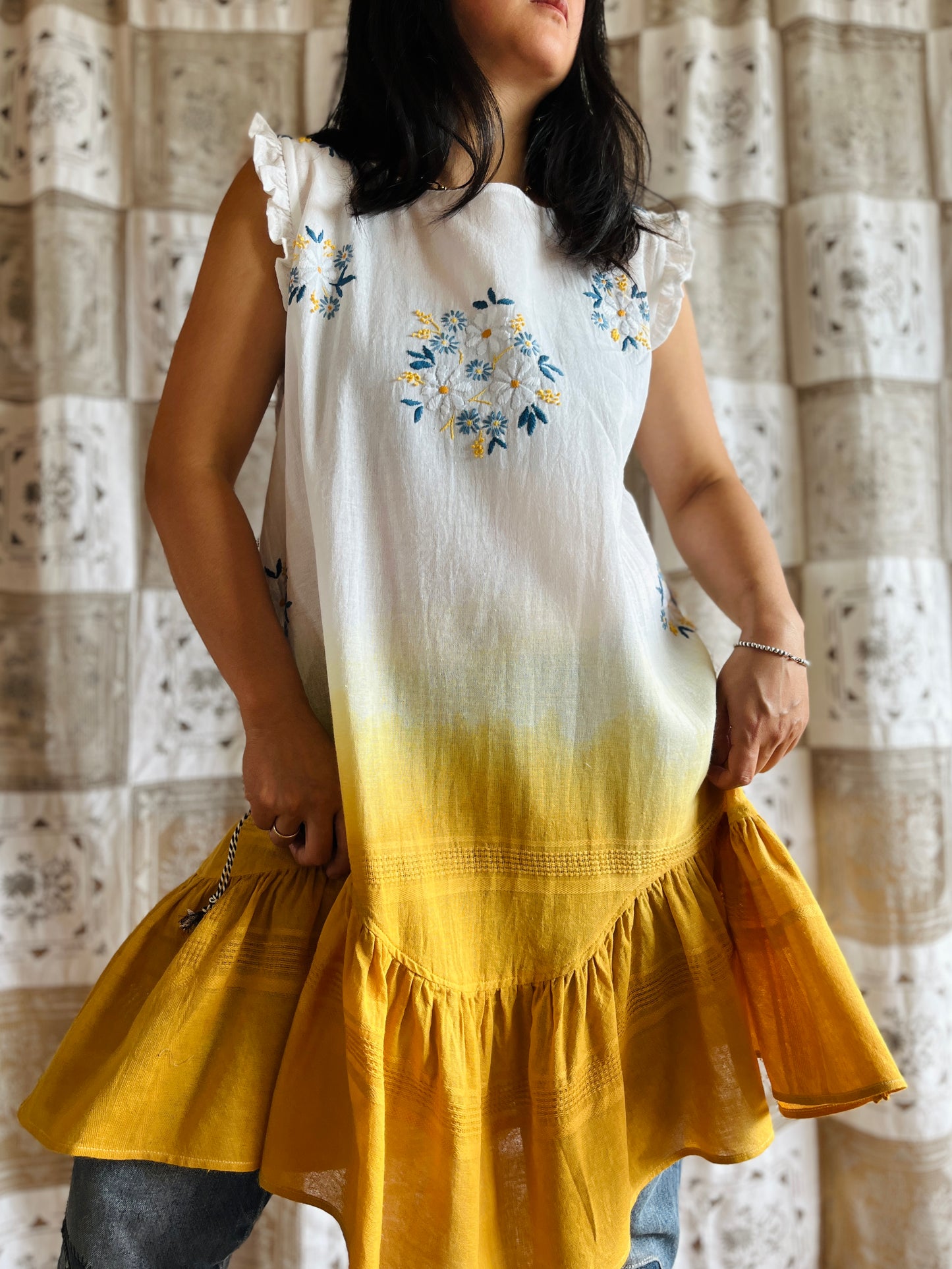 Hand dye cheesecloth scalloped gathered dress
