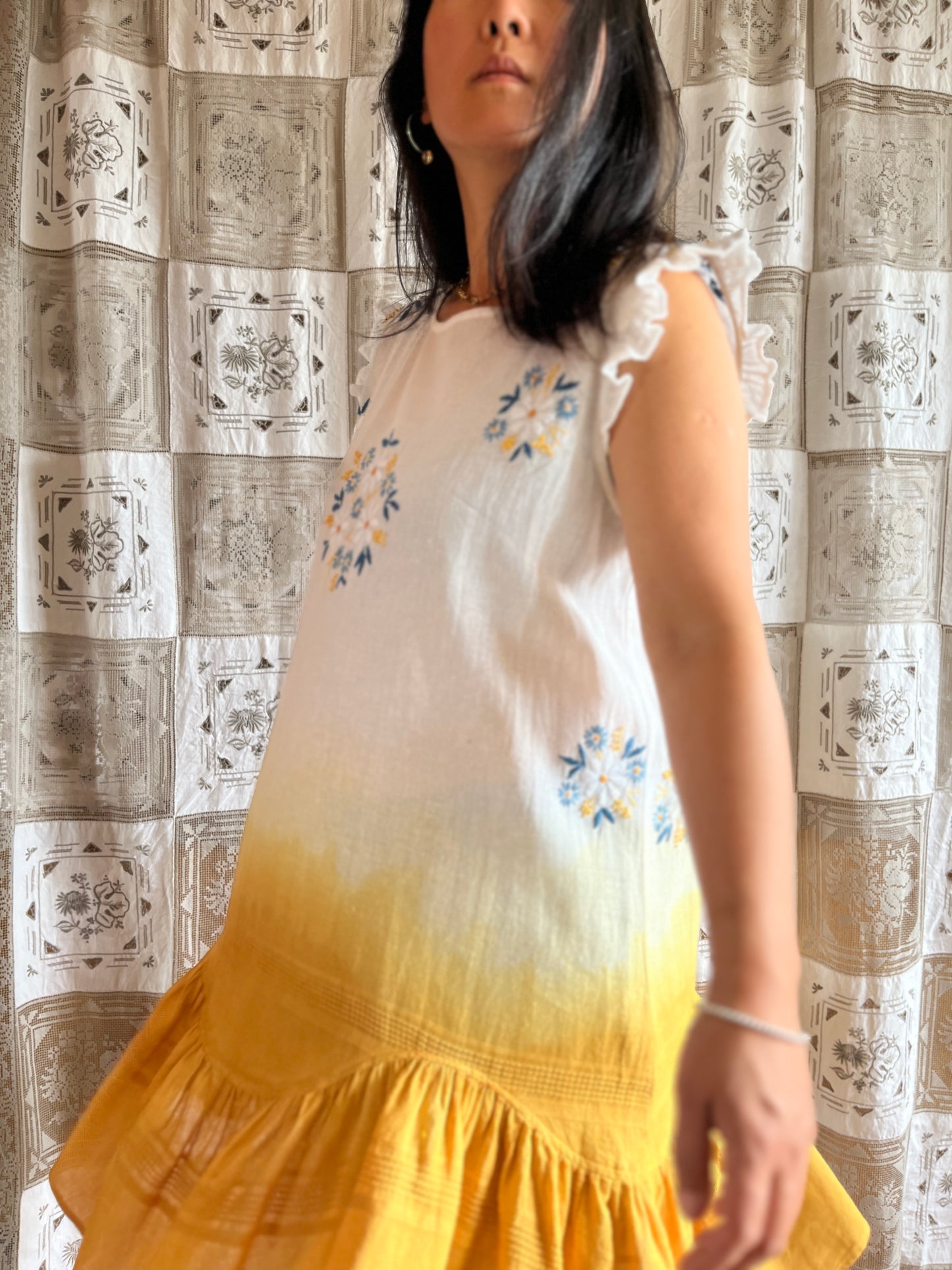 Hand dye cheesecloth scalloped gathered dress