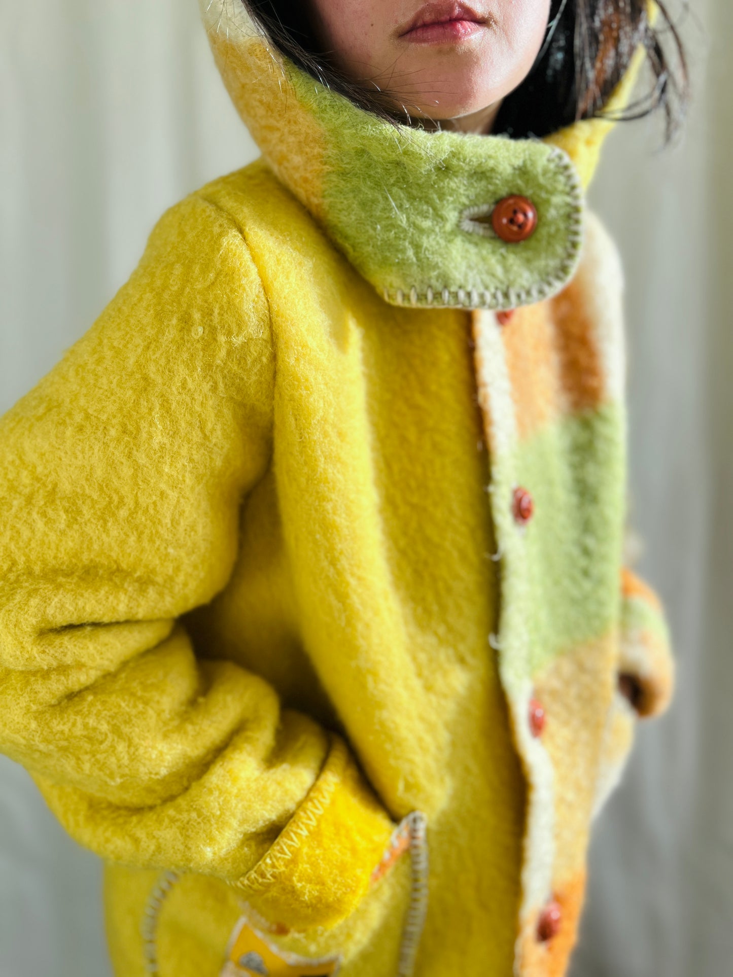 Repurpose thick wool blanket turns cosy winter coat with detachable Hoodie
