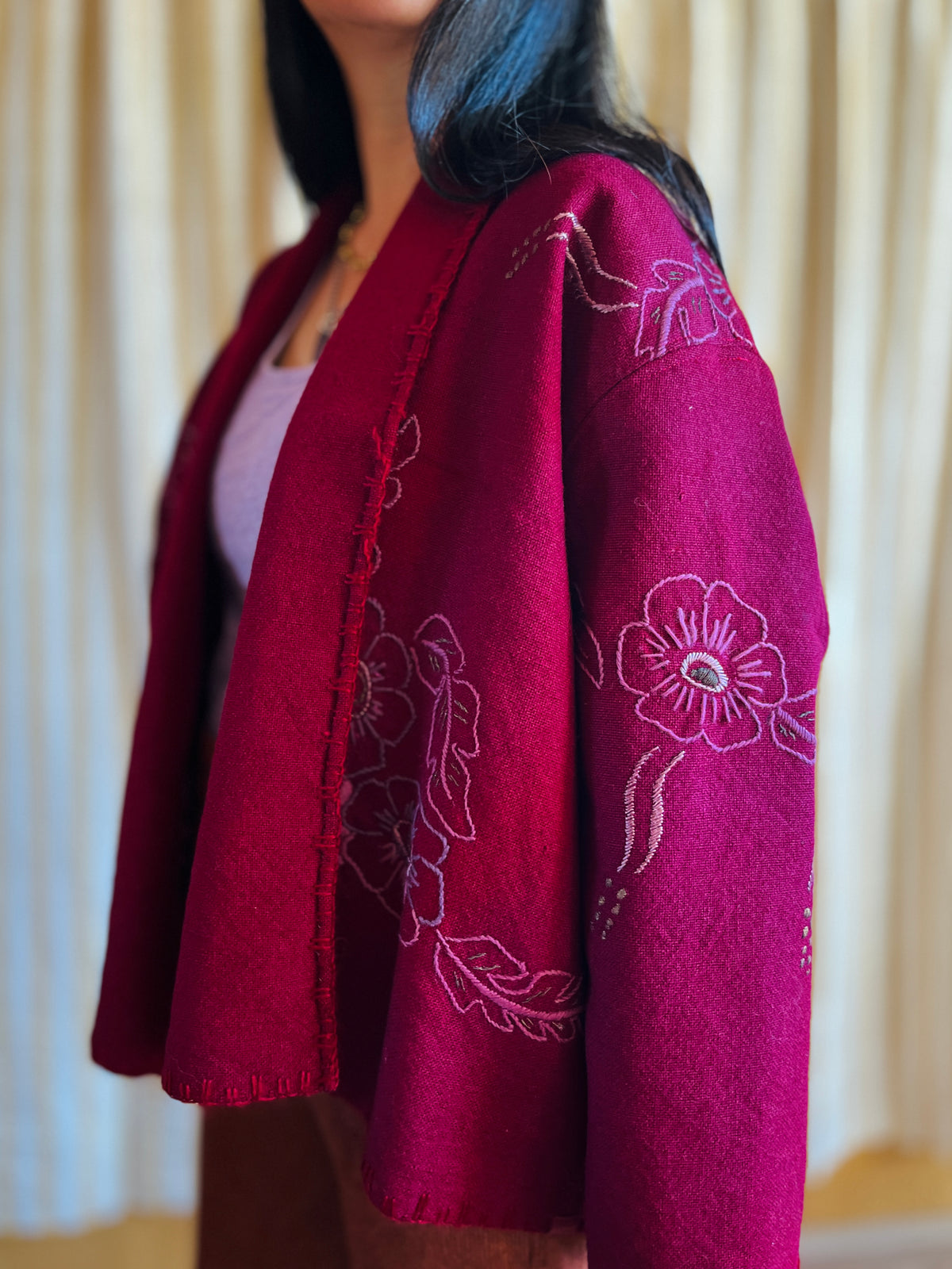 Double Wool Short Kimono with silk and metallic embroidery