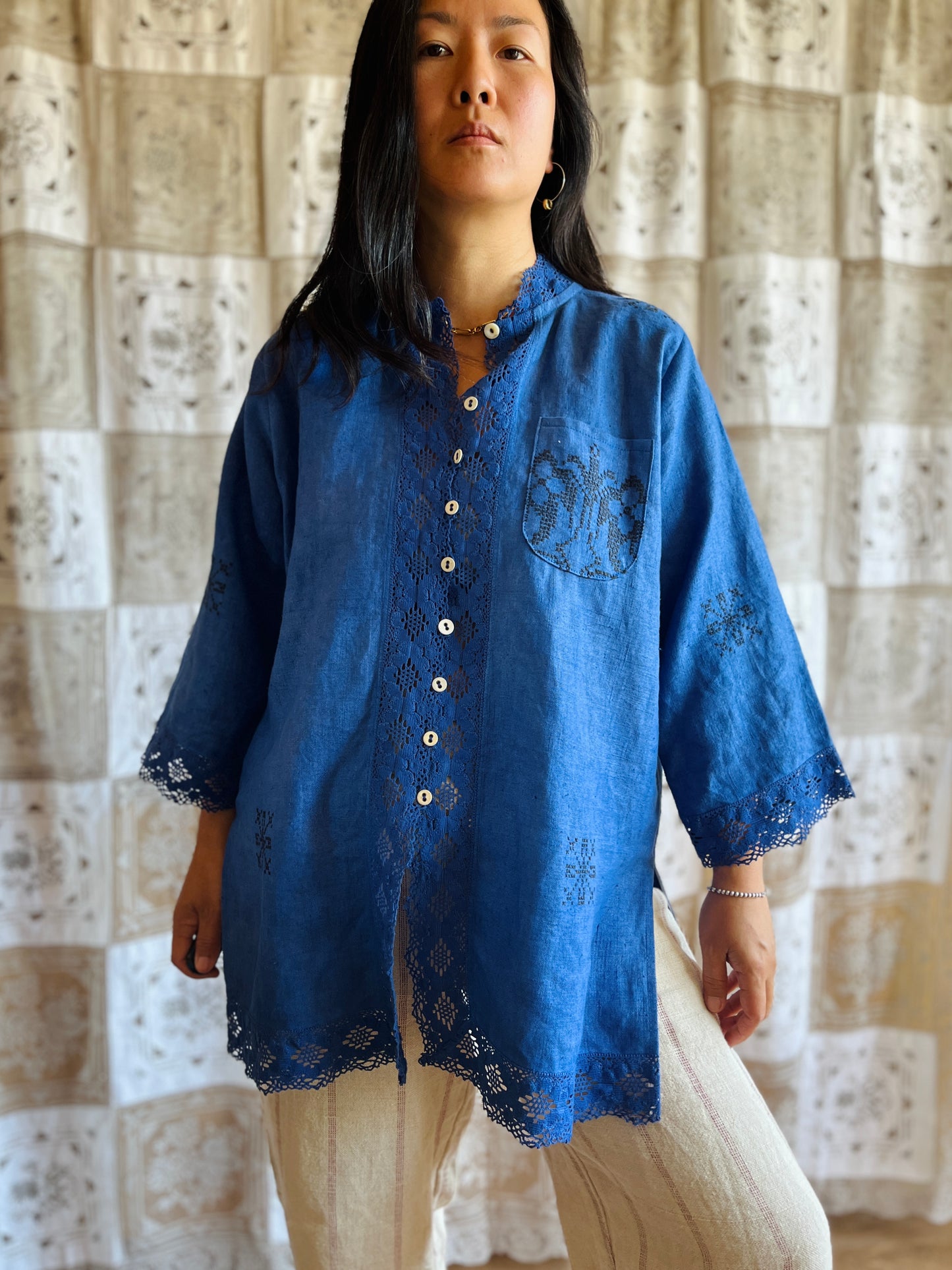 Indigo dyed loose fit linen shirt