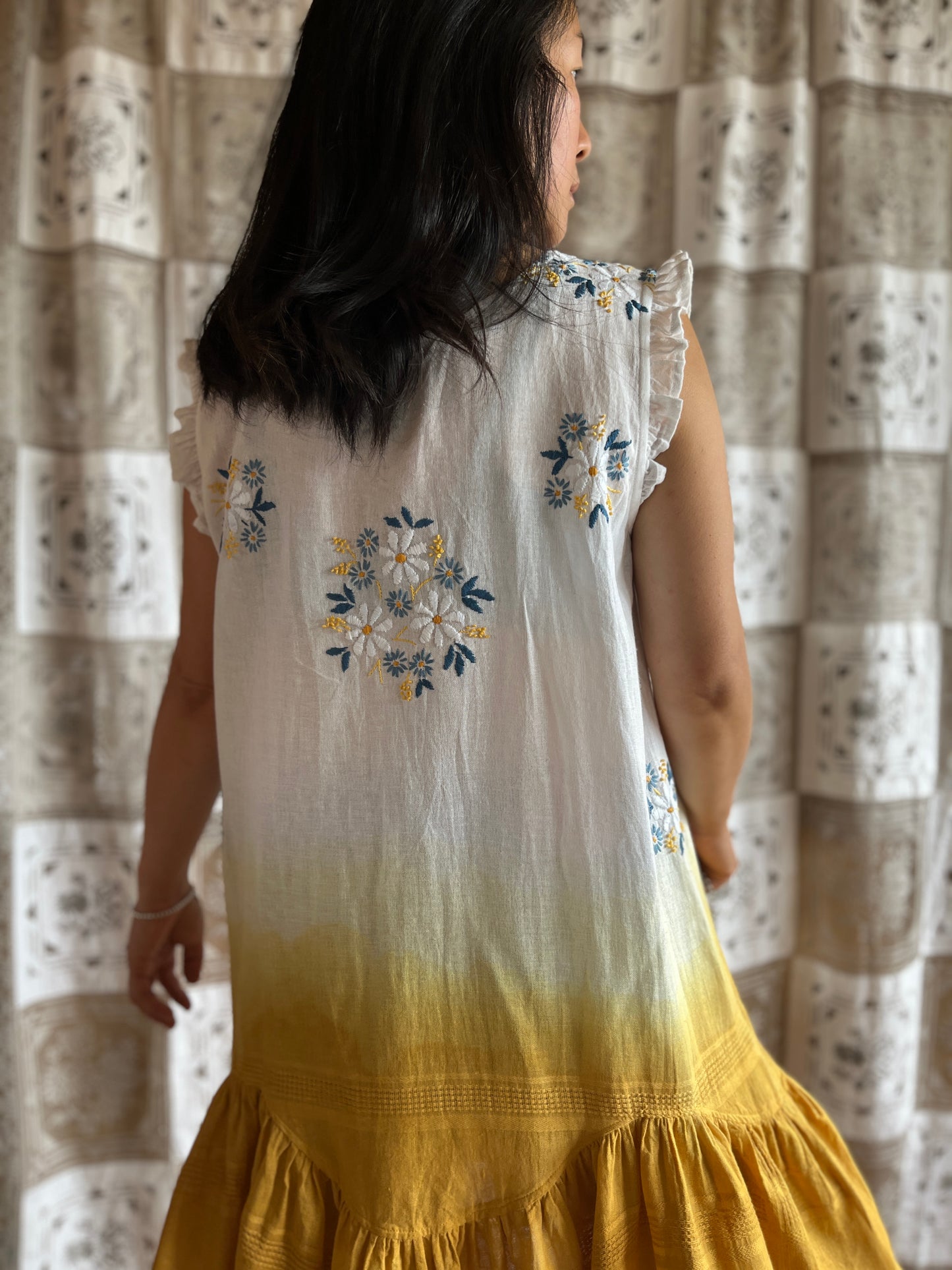 Hand dye cheesecloth scalloped gathered dress