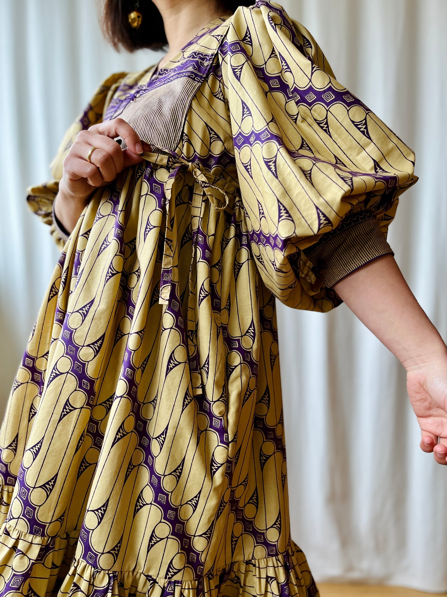 Batik Fabric turns 70s Goddess Dress Balloon Sleeves