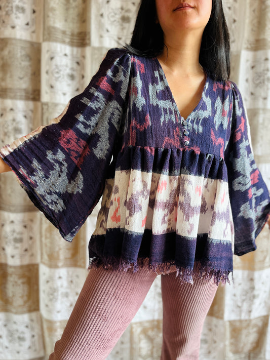 Vintage Batik Goddess Blouse with bracelet sleeves