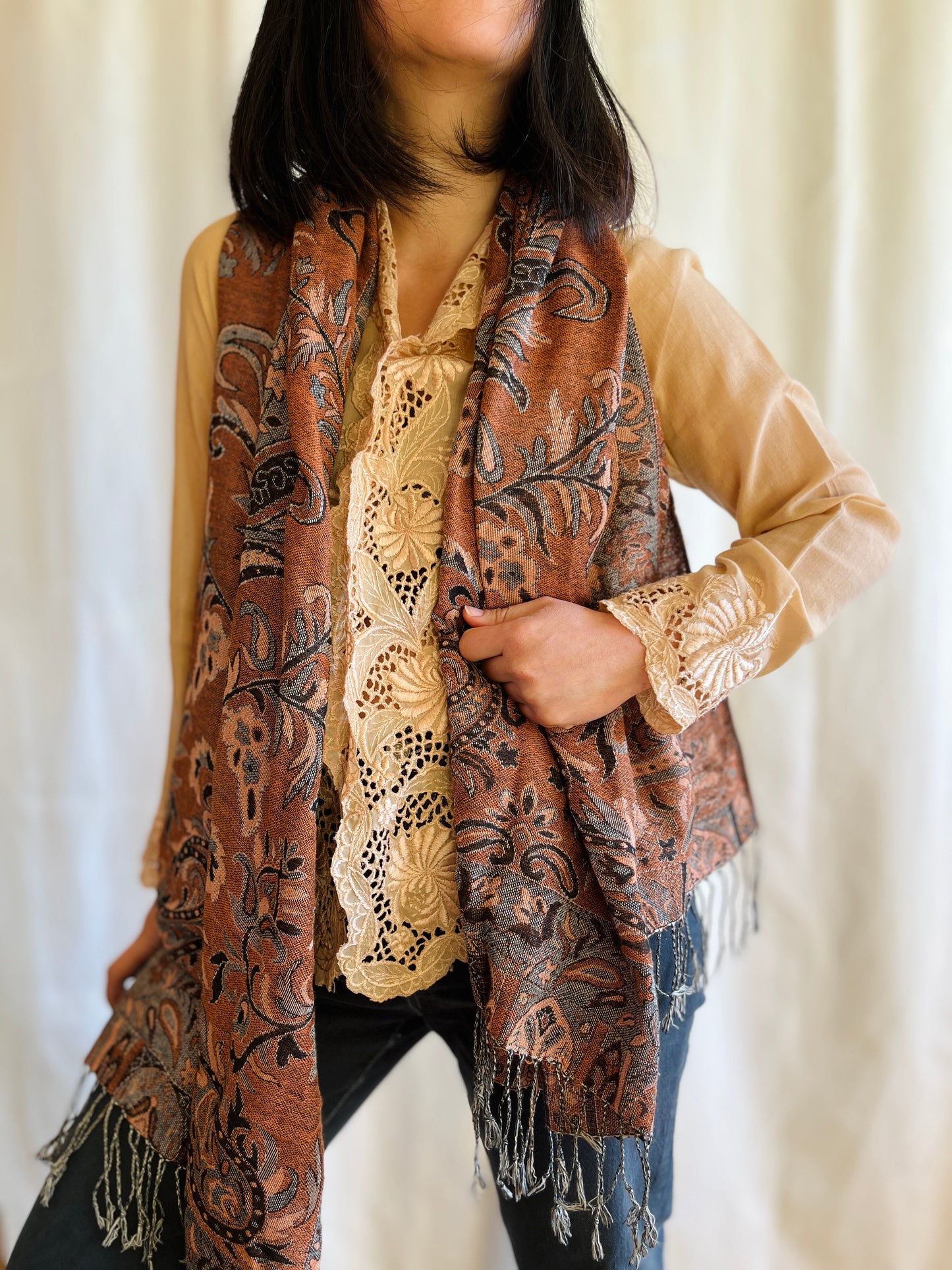 Rustic Reversible Bronze and peach orange Indian Woven Shawl