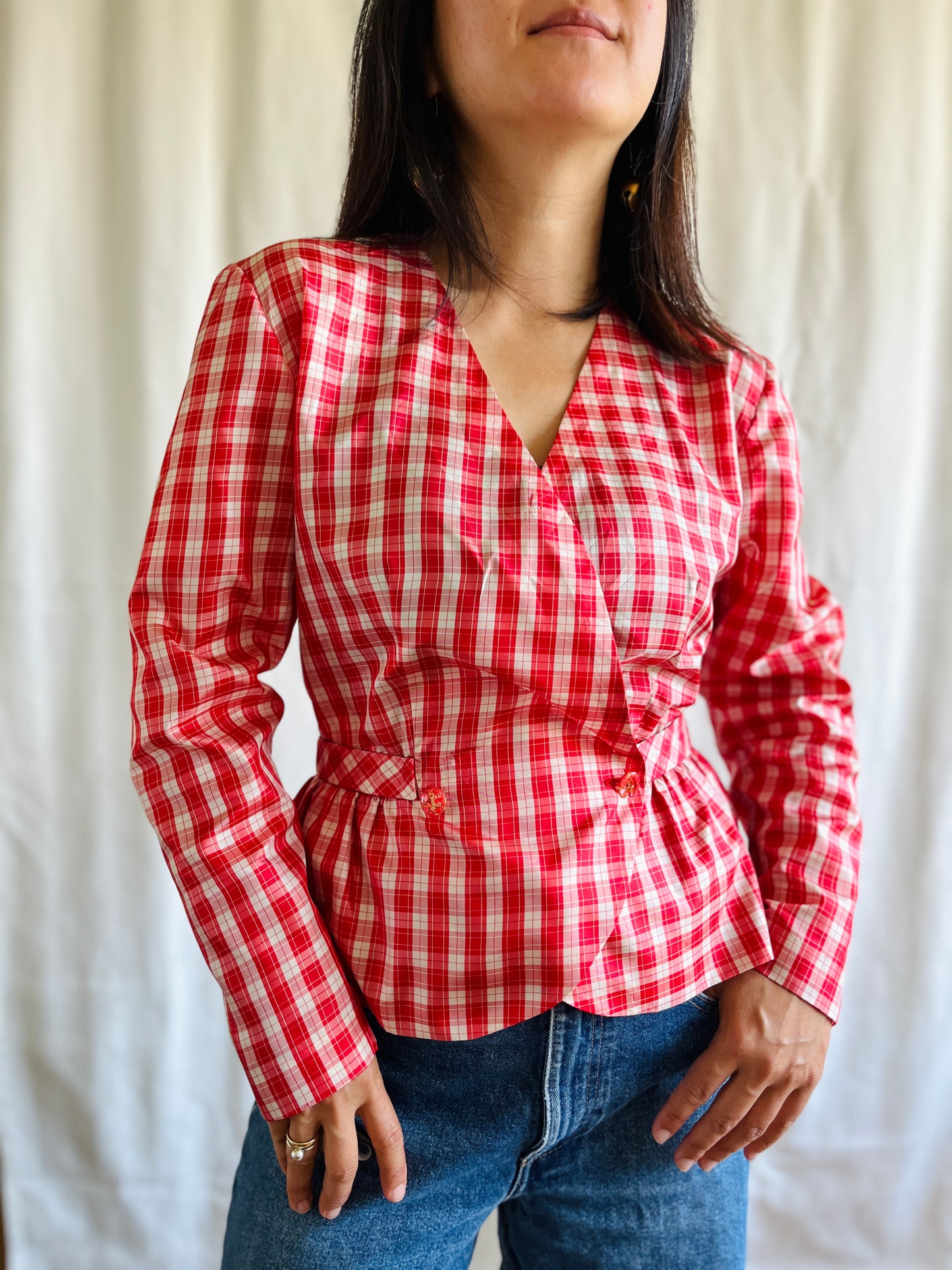 Handmade Vintage 60s Sweet Cherry Gingham Sweetheart Blouse