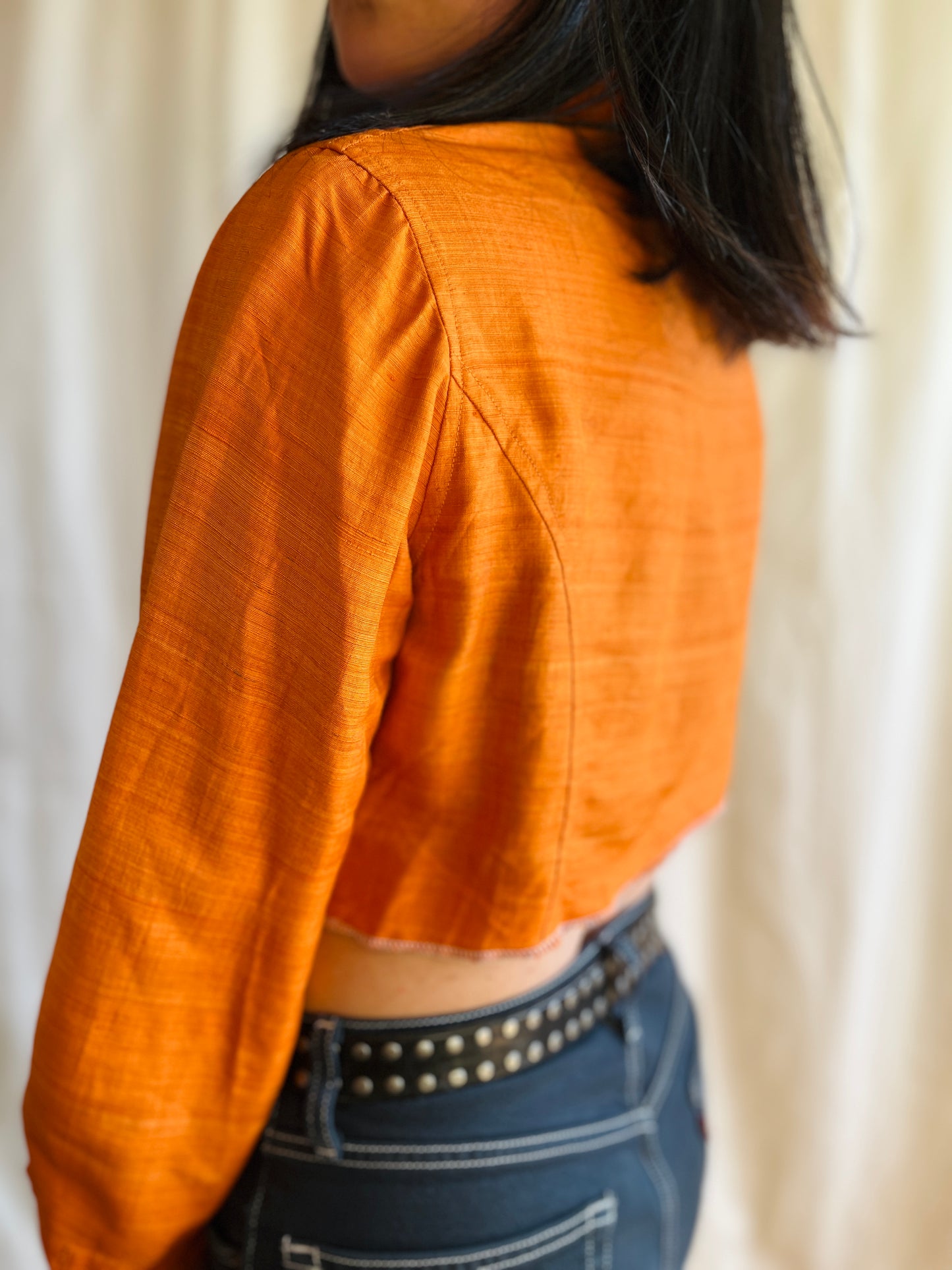 70s Pointy Collar copper metallic orange festive cropped shirt