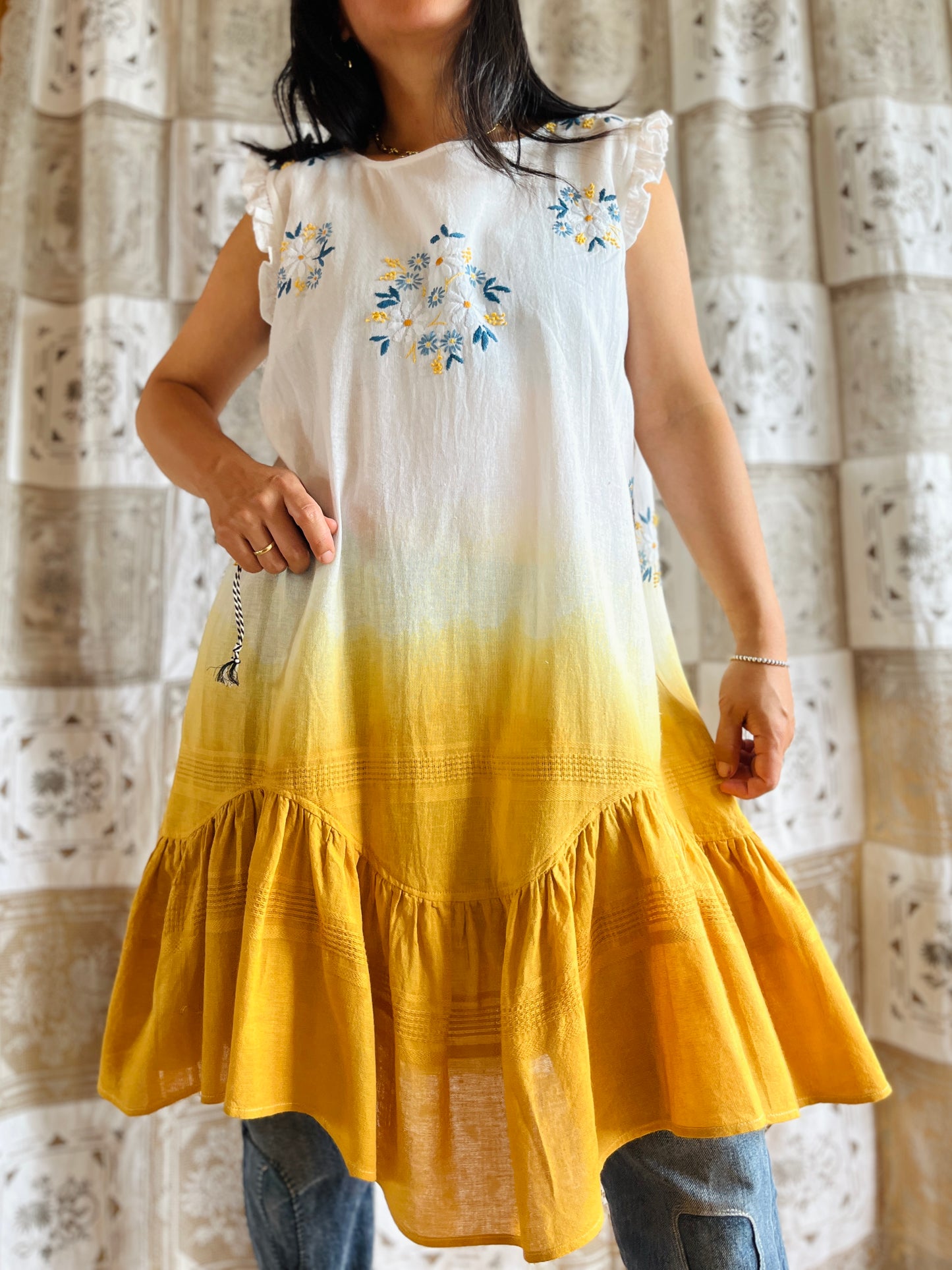 Hand dye cheesecloth scalloped gathered dress