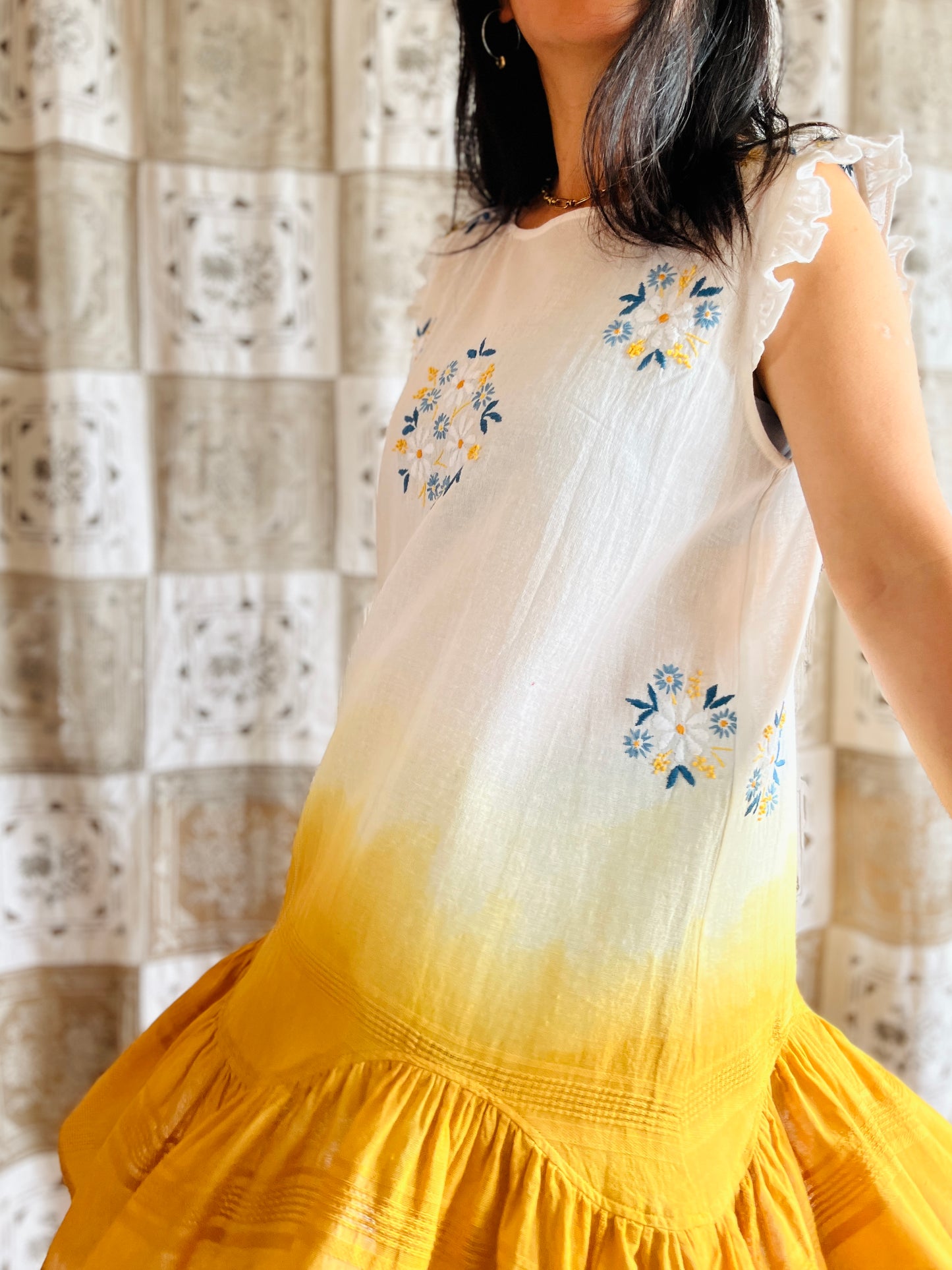 Hand dye cheesecloth scalloped gathered dress