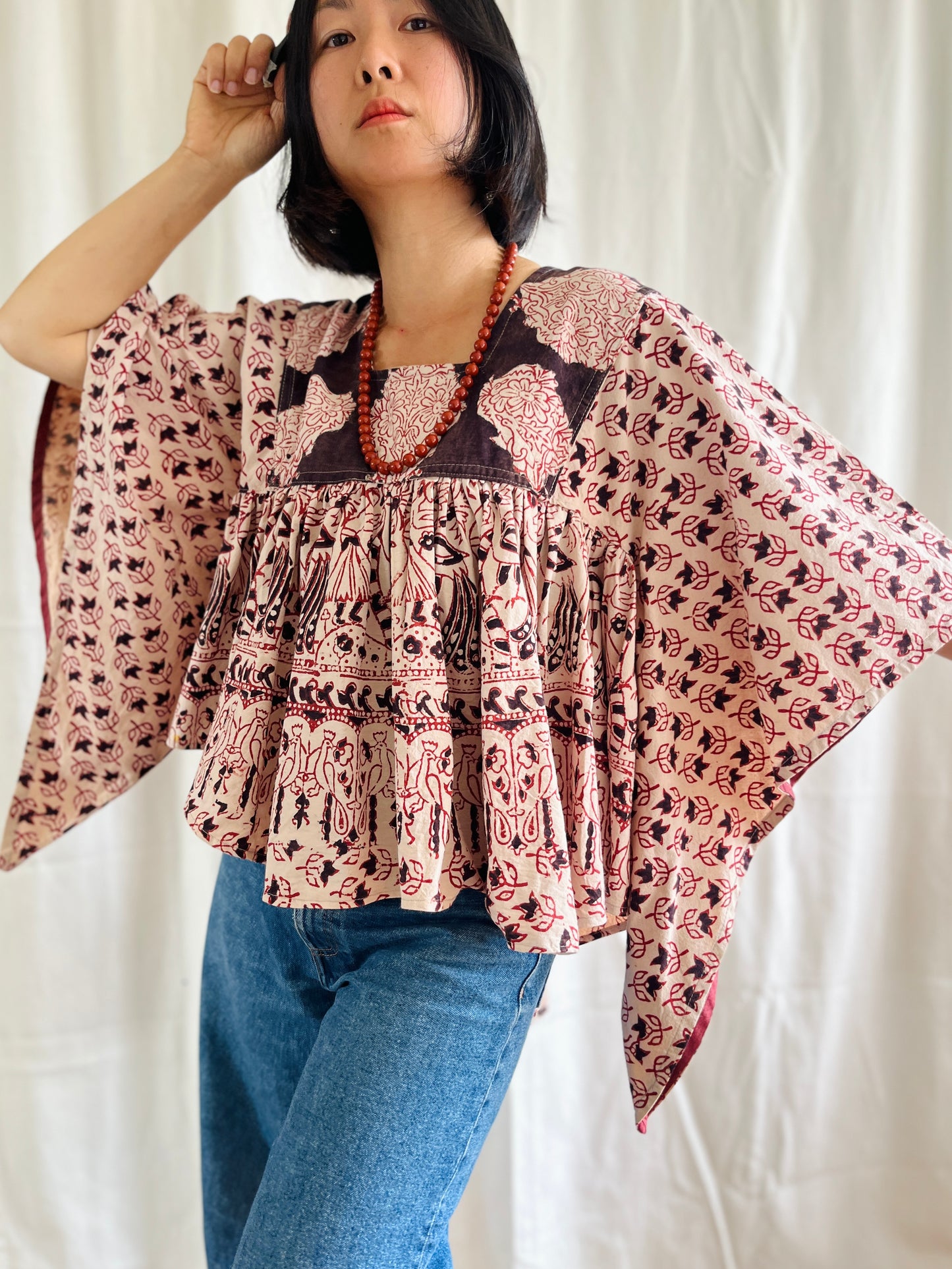 🏵️ Vintage hand block print Indian Bat sleeves tunic