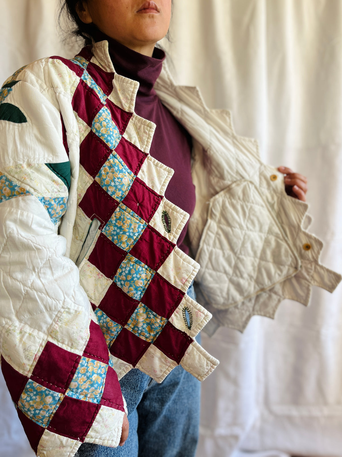 Hand quilted vintage blanket turns Short Coat