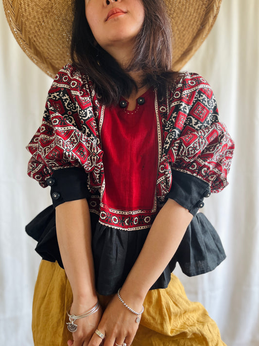 Silky Block Print Air Balloon Sleeve Tunic