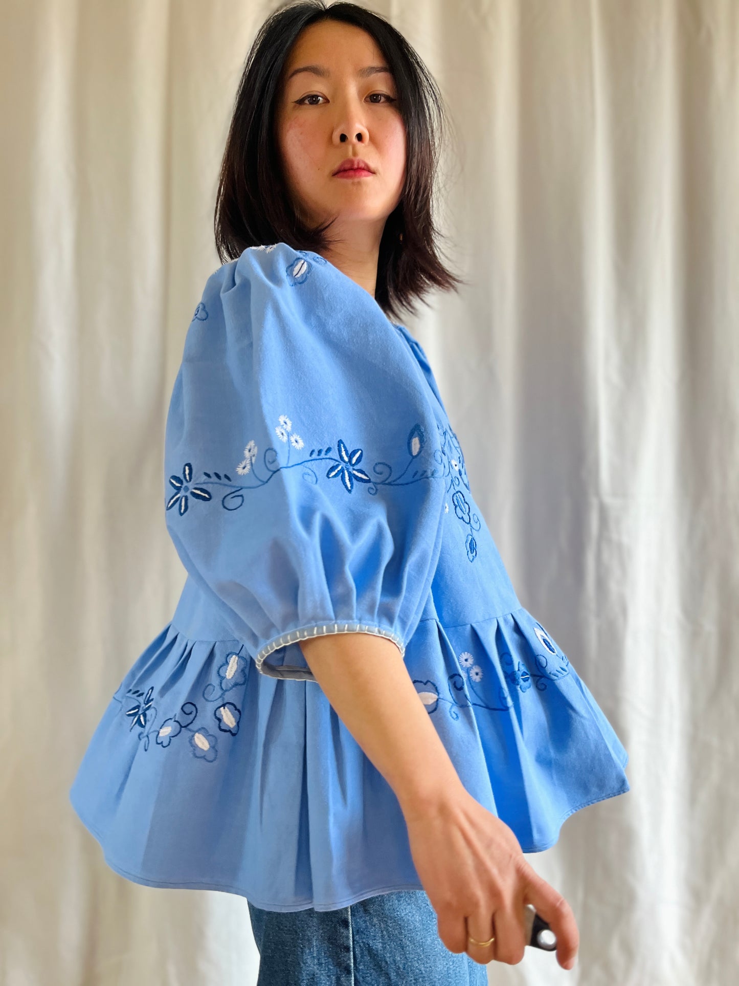 Hand Embroidered Blue Daisy Dolly tunic