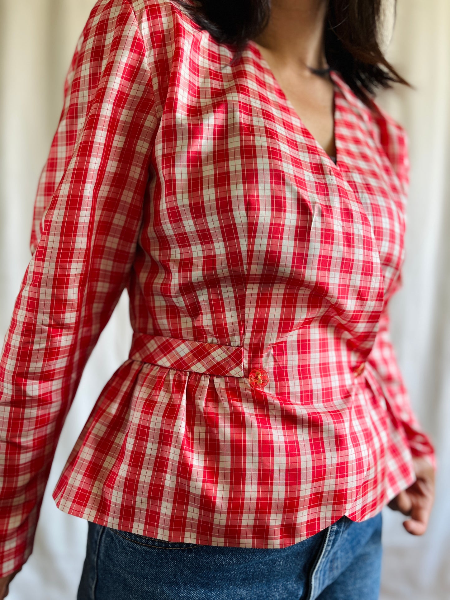 Handmade Vintage 60s Sweet Cherry Gingham Sweetheart Blouse