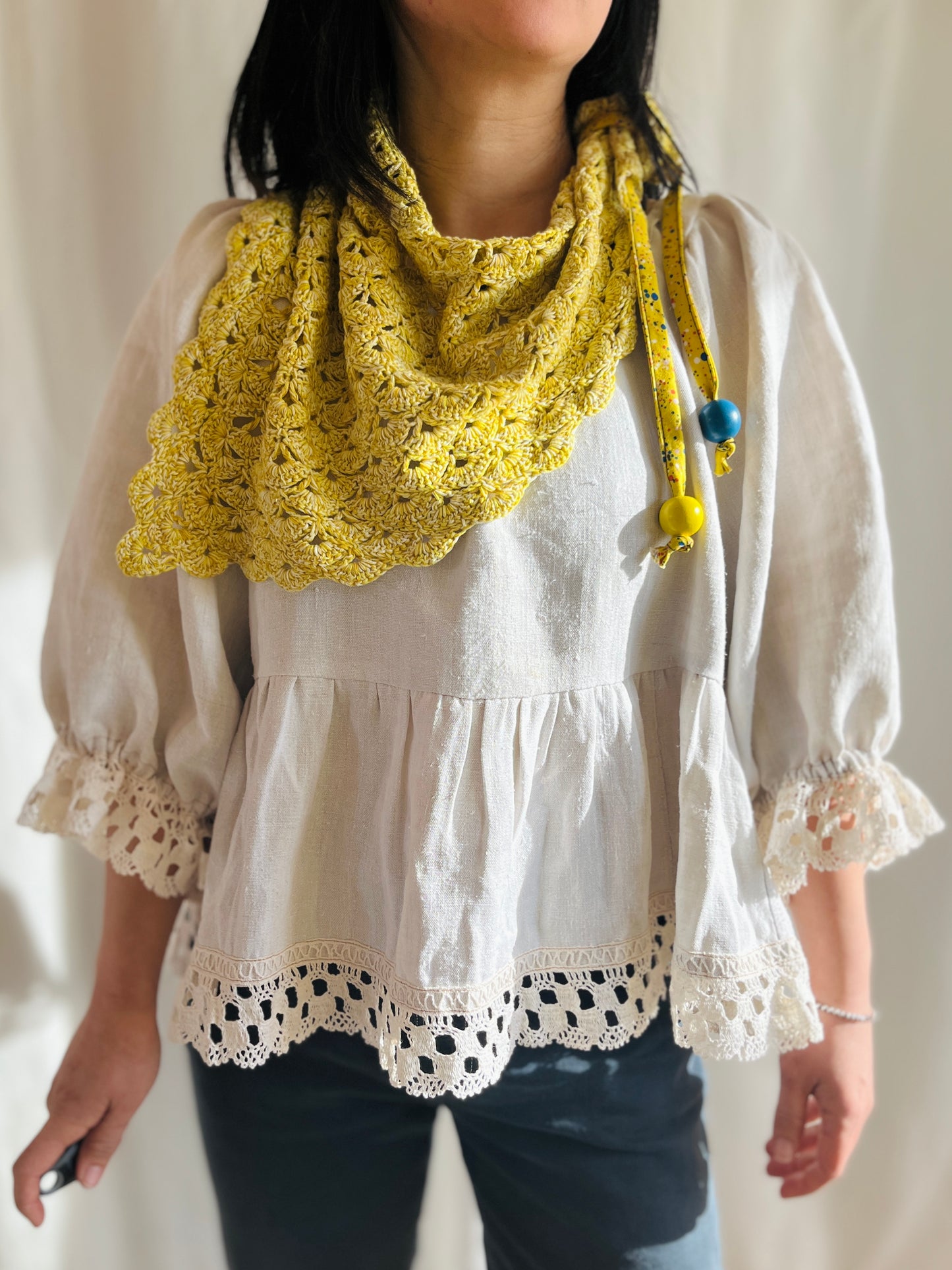 Repurposed crochet cotton triangular scarf