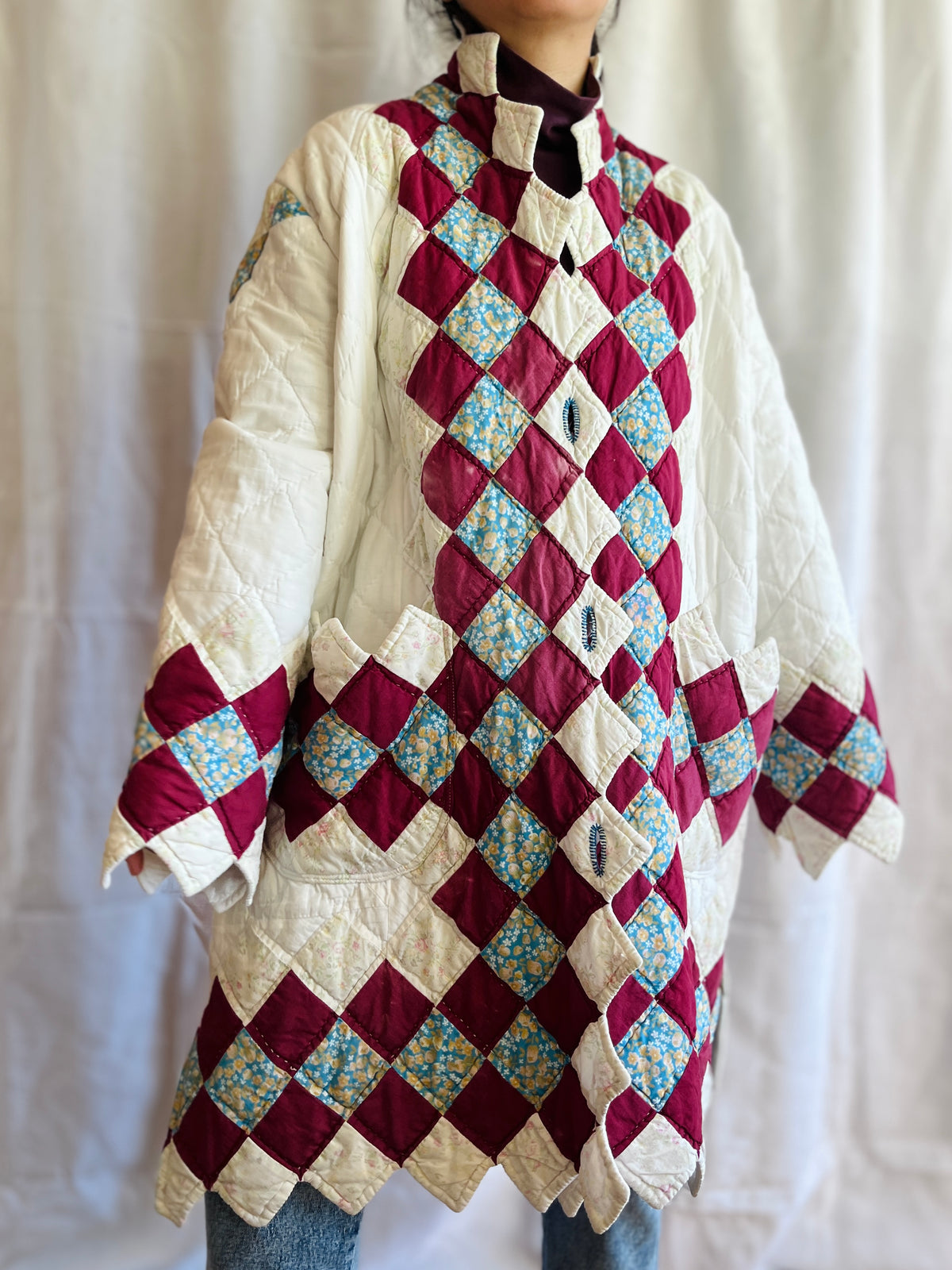 Hand quilted vintage blanket turns Long Coat