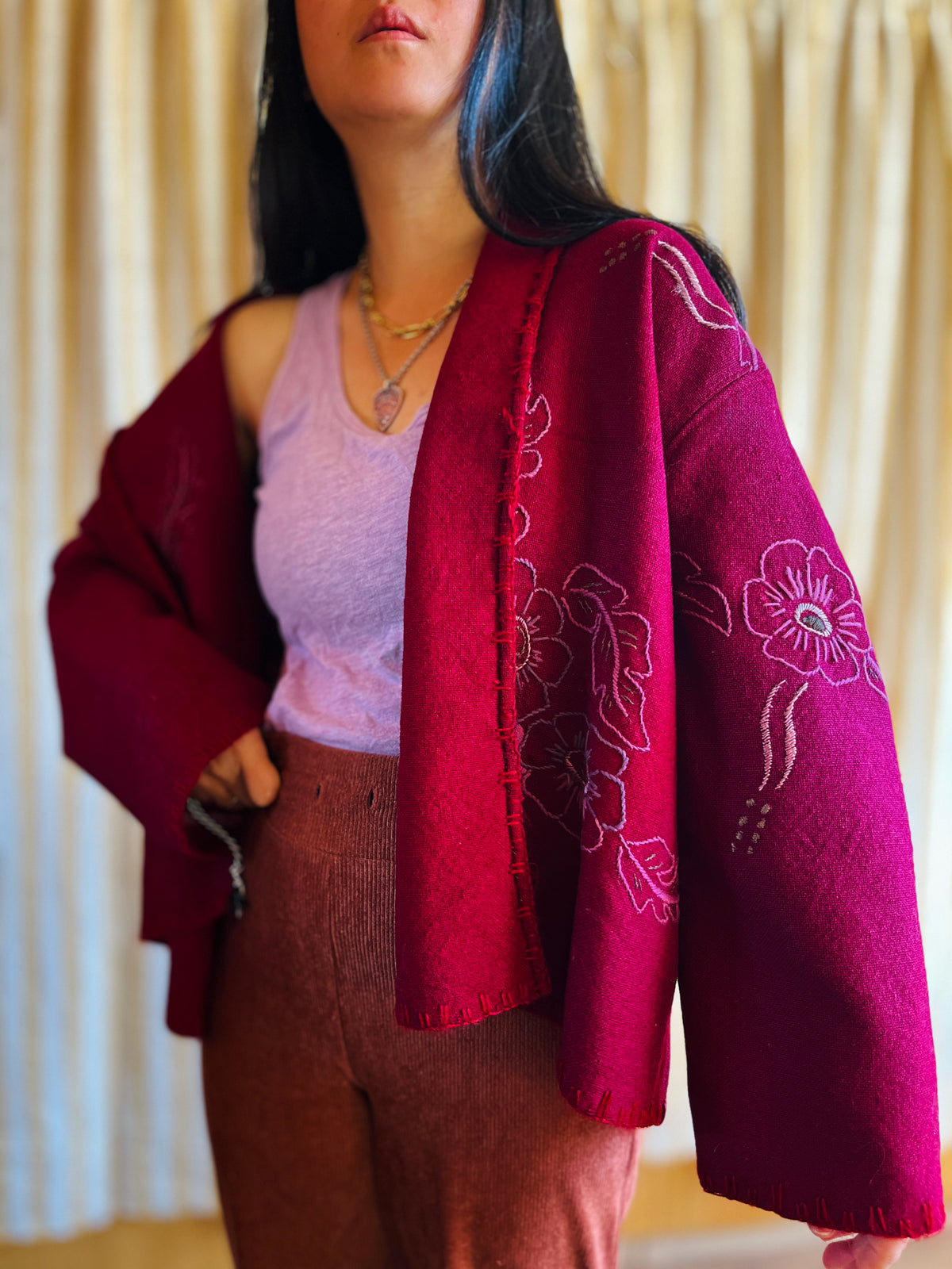 Double Wool Short Kimono with silk and metallic embroidery