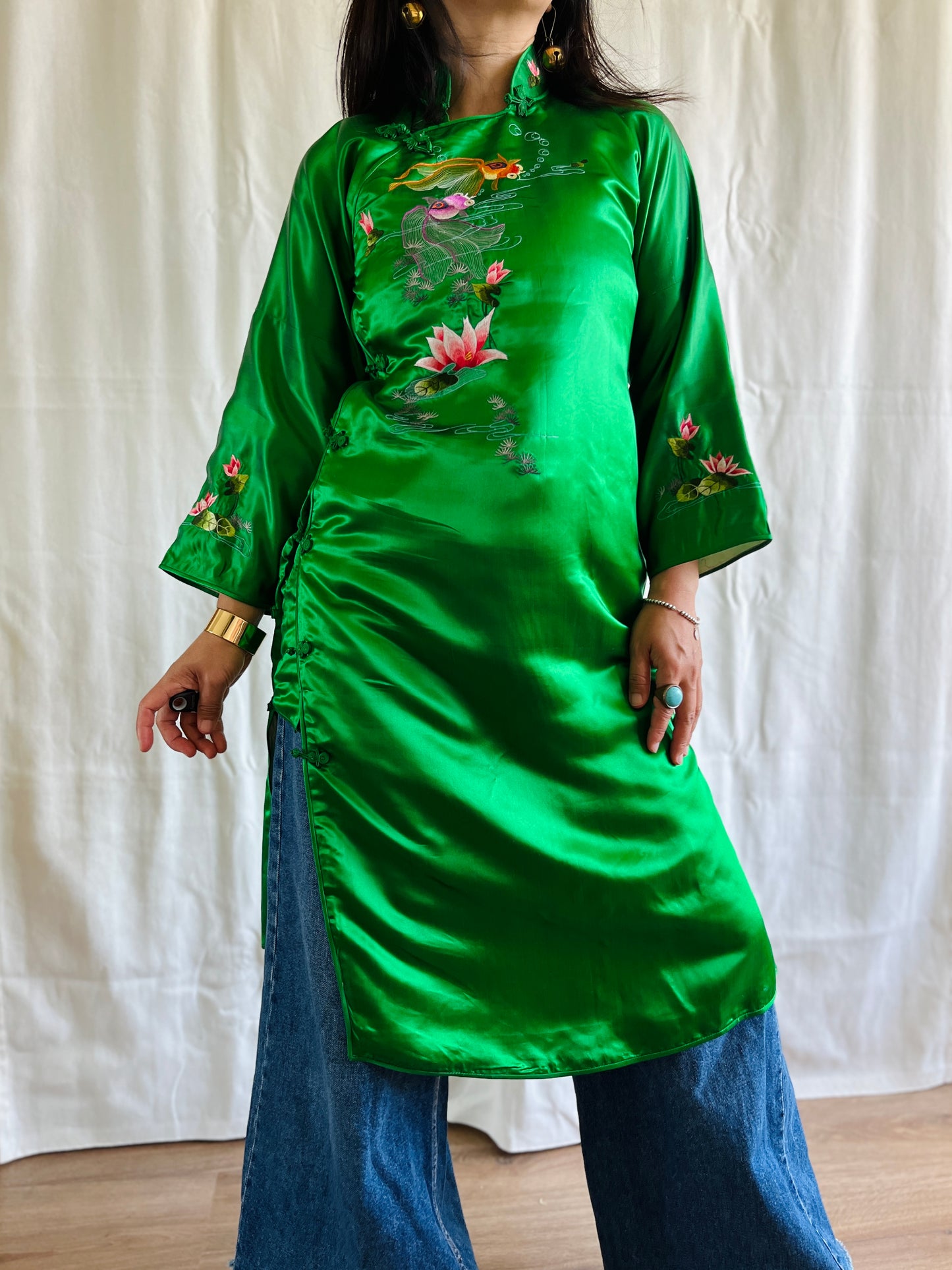 Vintage 60s Handwork Chinese Satin Cheongsam Qipao with Gold fish hand embroidery