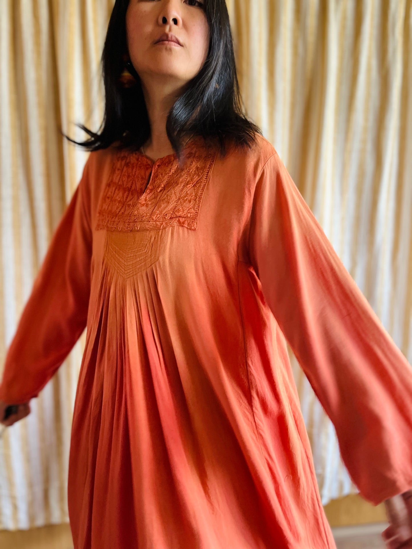 Fading Apricot orange silk embroidered pleated dress