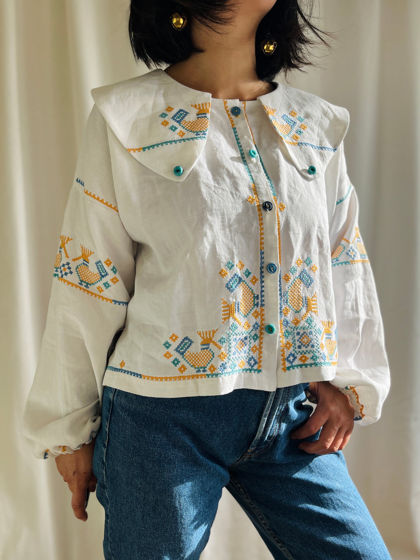 🎴 Love birds linen big collar blouse