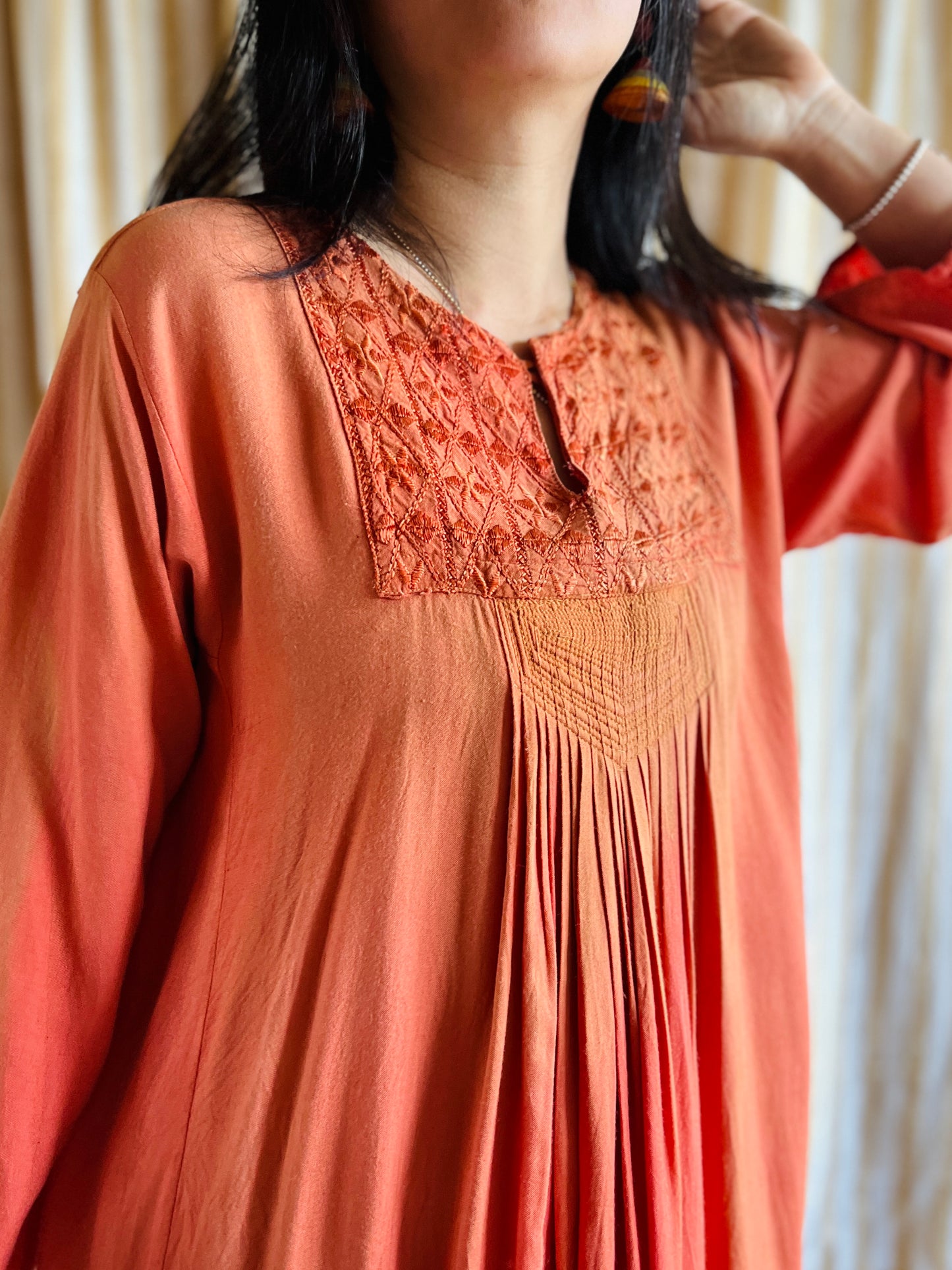 Fading Apricot orange silk embroidered pleated dress